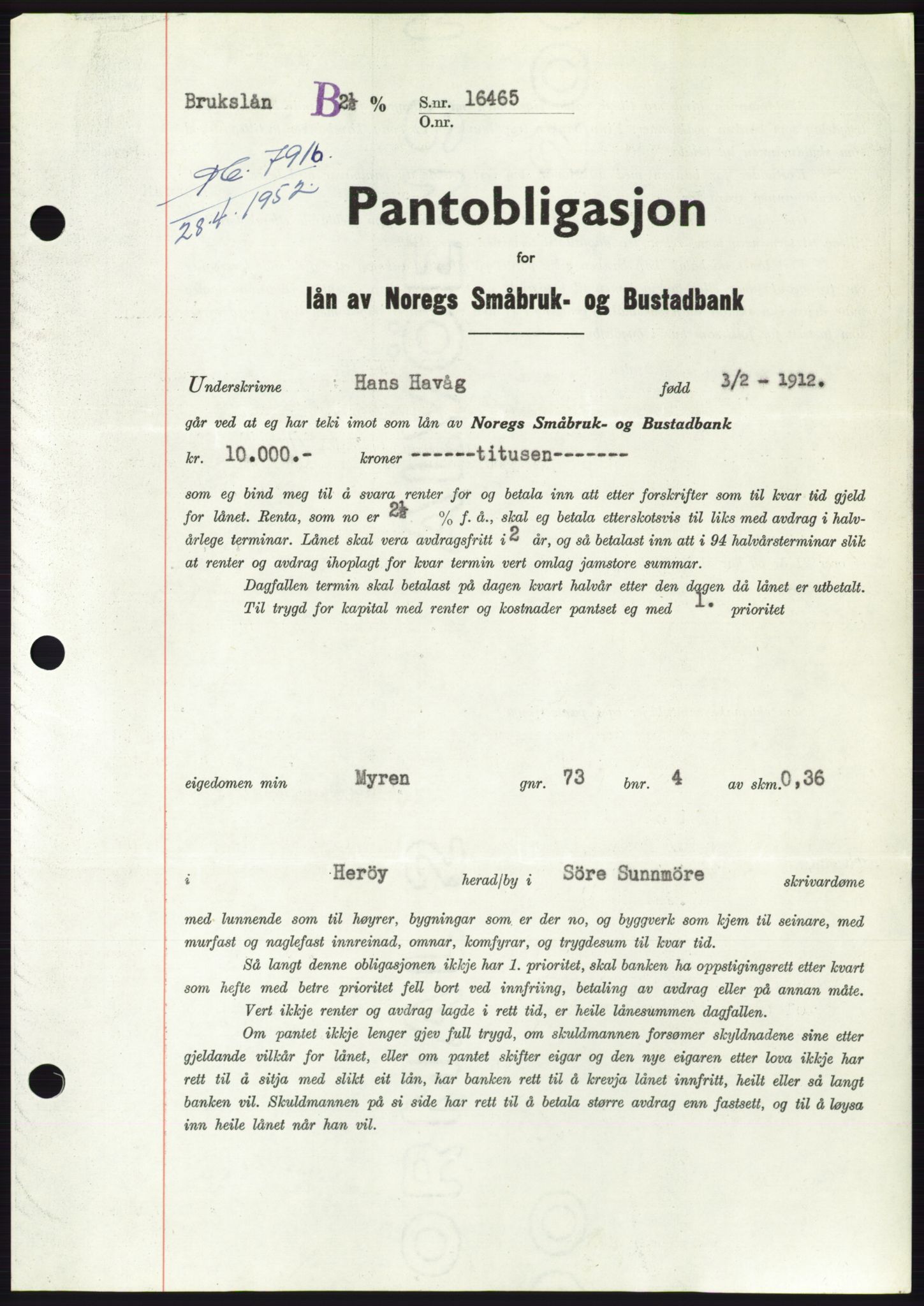 Søre Sunnmøre sorenskriveri, AV/SAT-A-4122/1/2/2C/L0121: Mortgage book no. 9B, 1951-1952, Diary no: : 791/1952