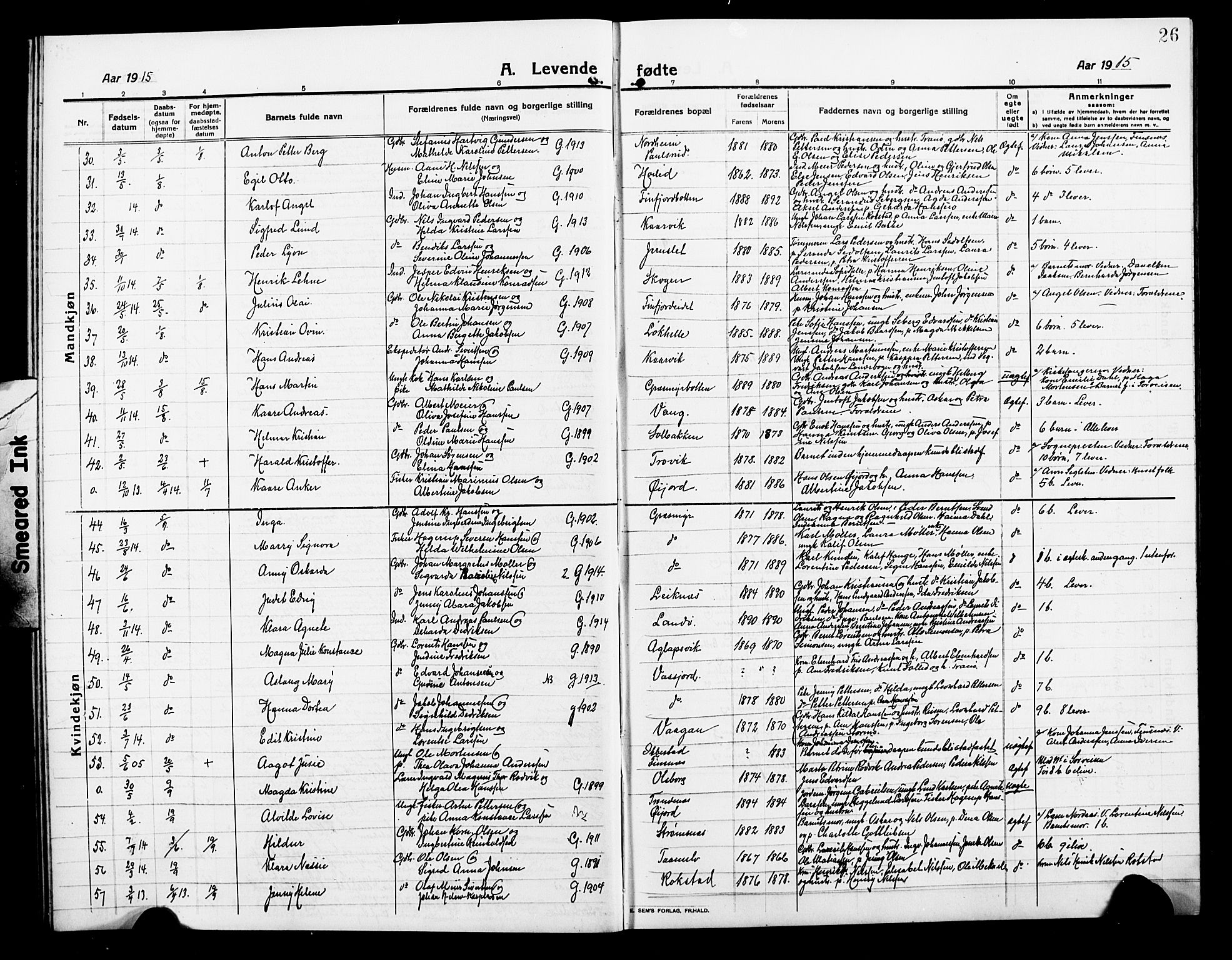 Lenvik sokneprestembete, AV/SATØ-S-1310/H/Ha/Hab/L0009klokker: Parish register (copy) no. 9, 1912-1926, p. 26