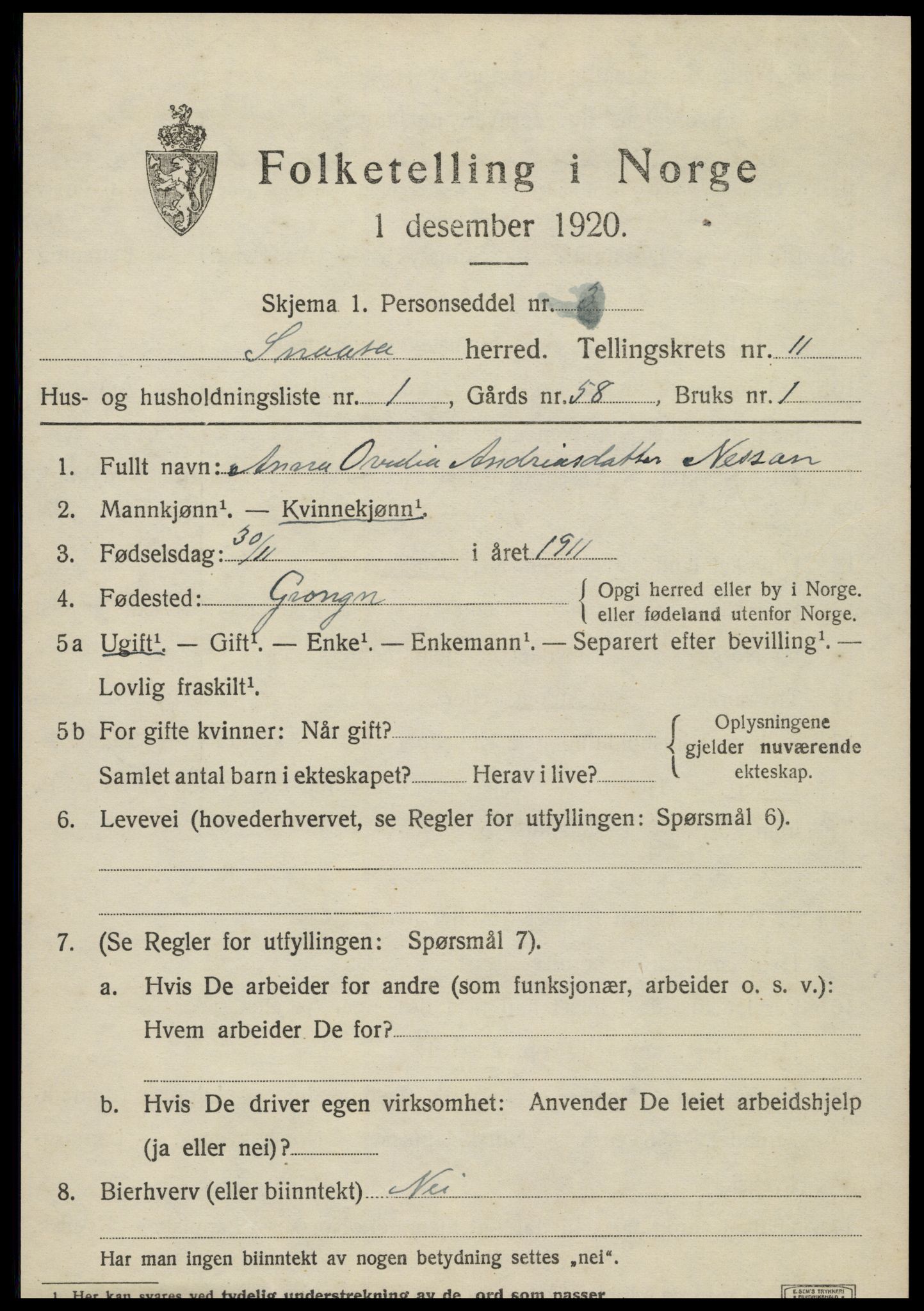 SAT, 1920 census for Snåsa, 1920, p. 5000