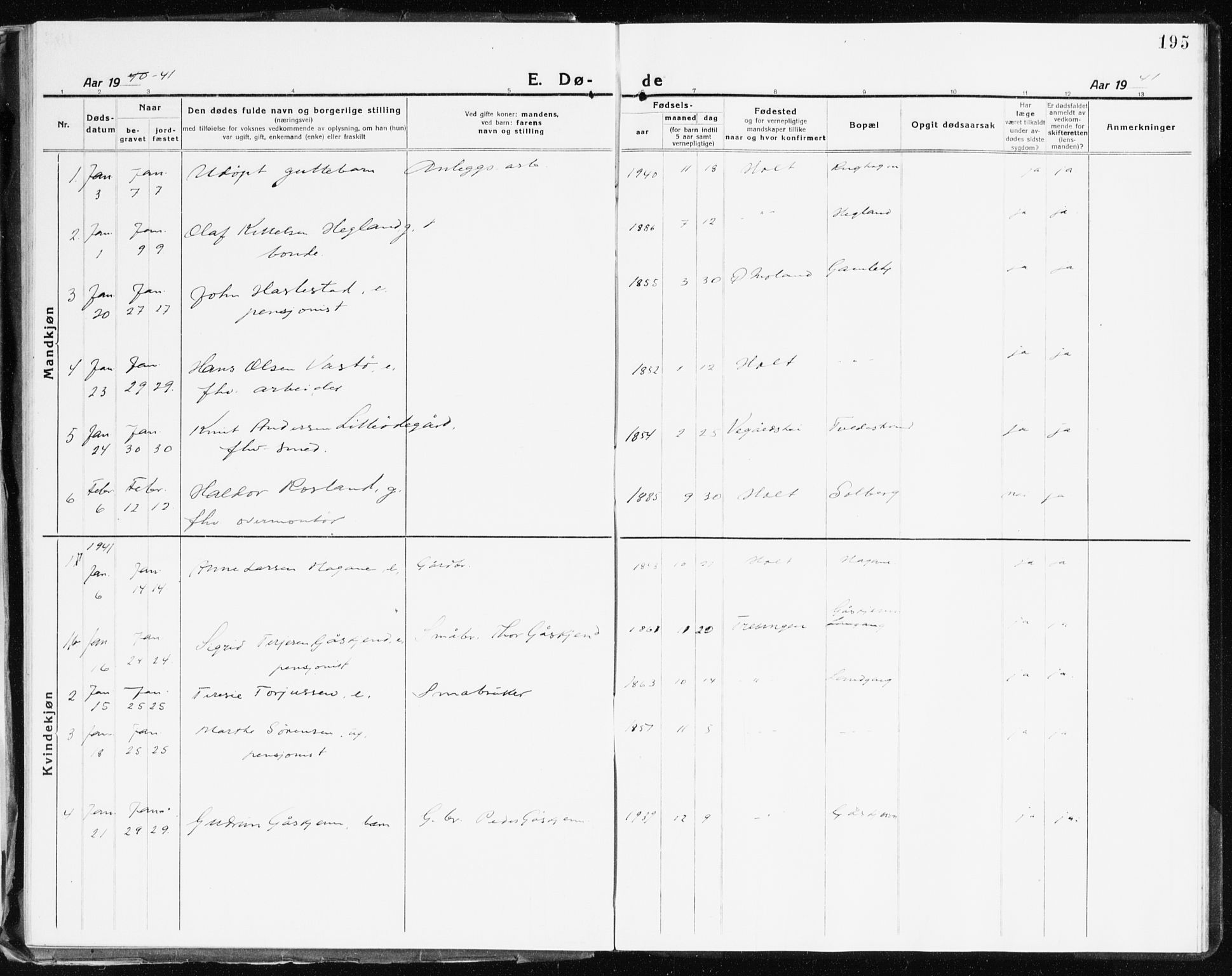 Holt sokneprestkontor, AV/SAK-1111-0021/F/Fb/L0012: Parish register (copy) no. B 12, 1919-1944, p. 195