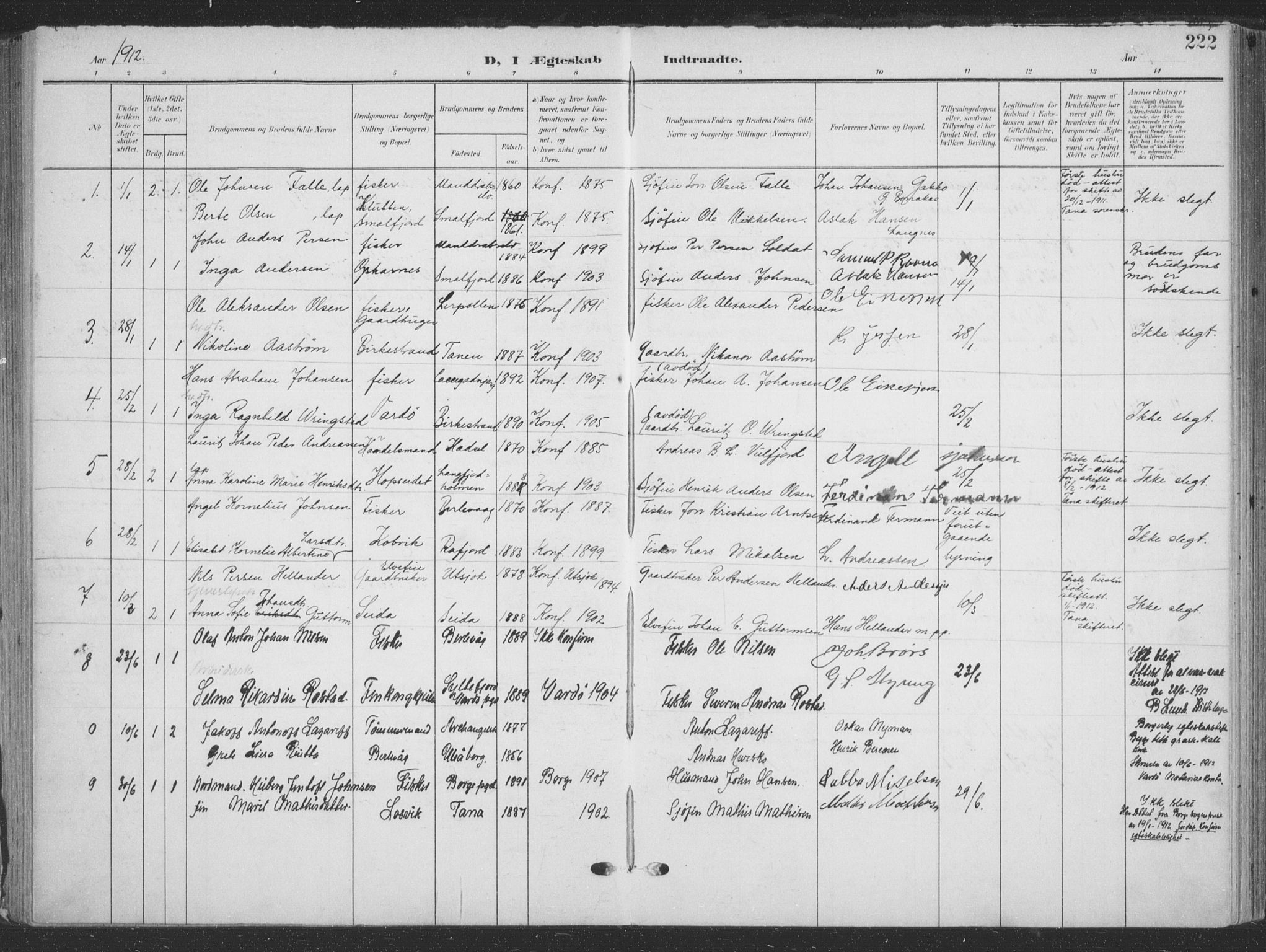 Tana sokneprestkontor, SATØ/S-1334/H/Ha/L0007kirke: Parish register (official) no. 7, 1904-1918, p. 222
