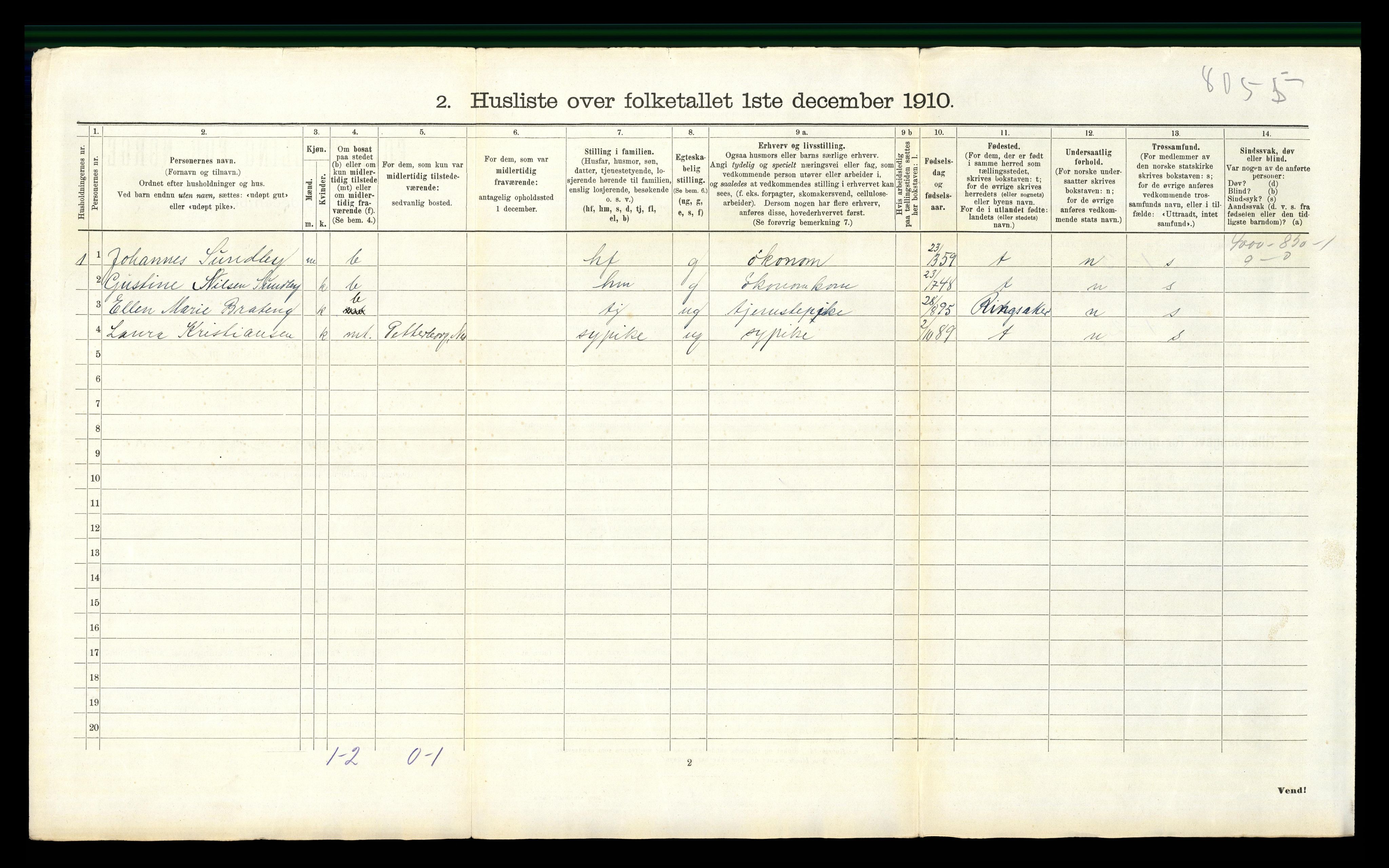 RA, 1910 census for Nes, 1910, p. 288