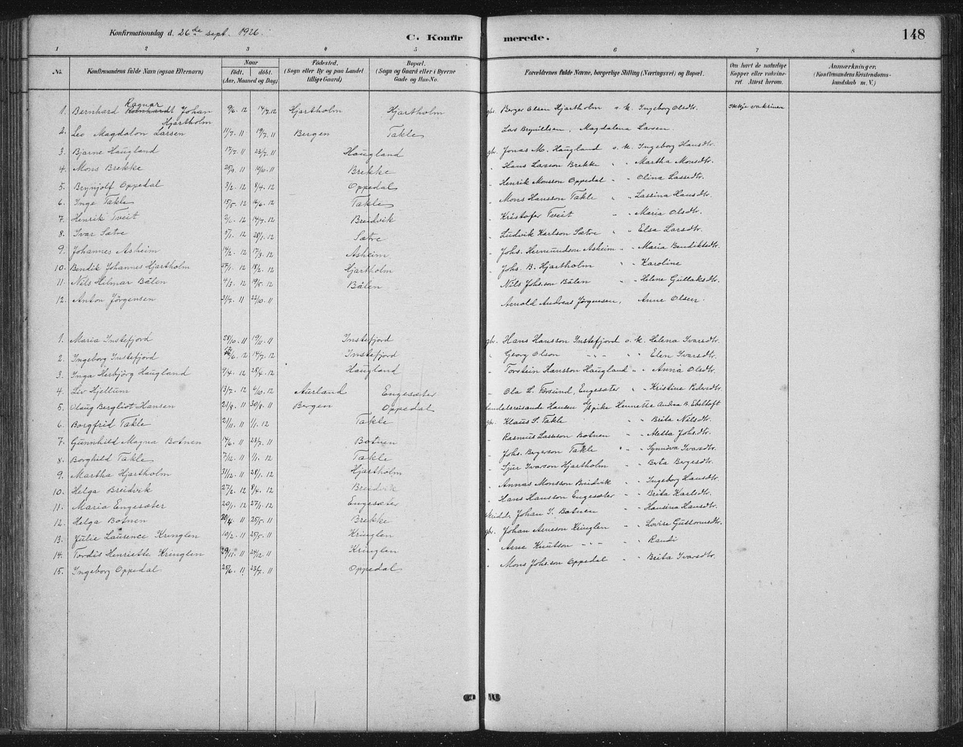 Gulen sokneprestembete, SAB/A-80201/H/Hab/Habc/L0002: Parish register (copy) no. C 2, 1880-1938, p. 148