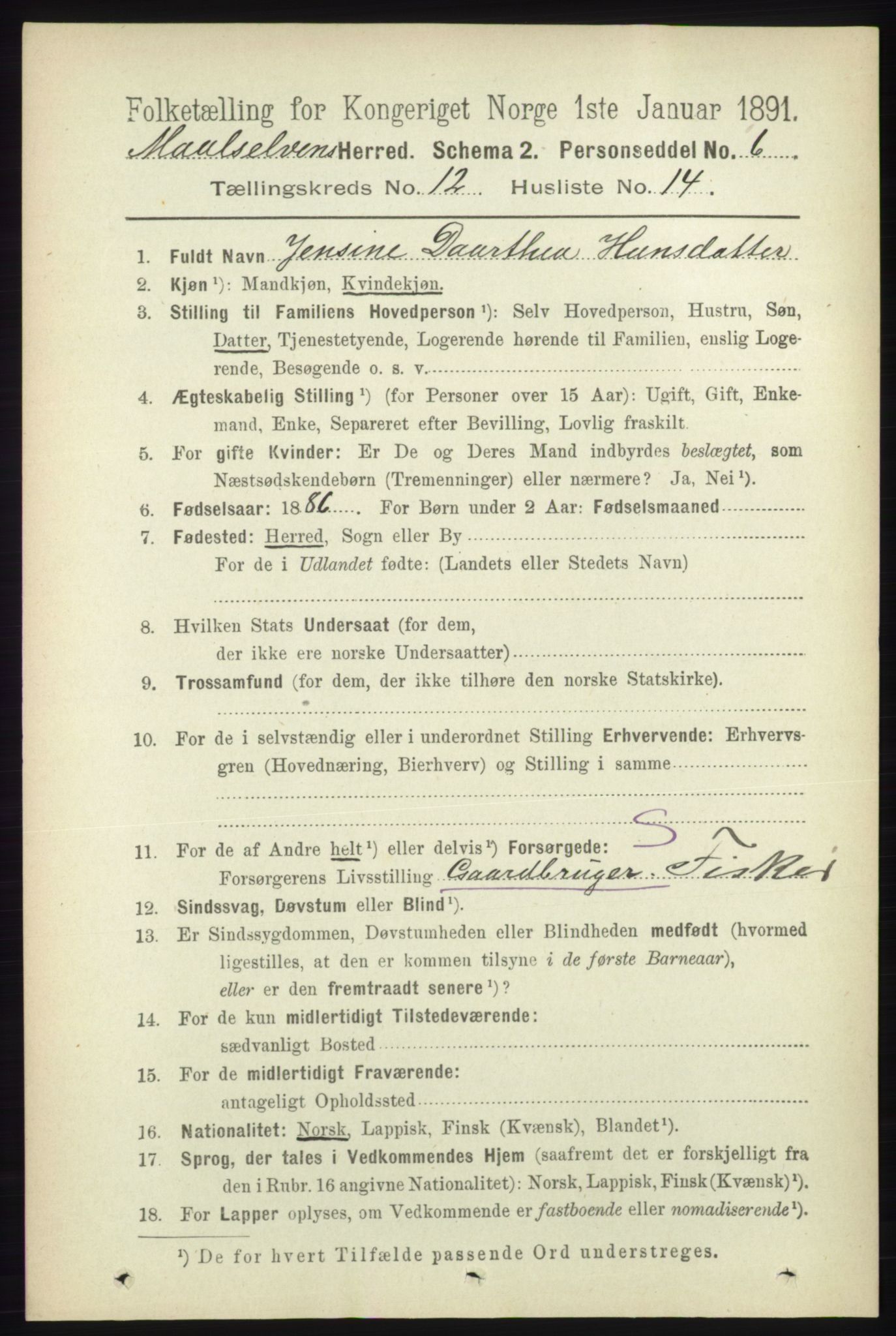 RA, 1891 census for 1924 Målselv, 1891, p. 3886