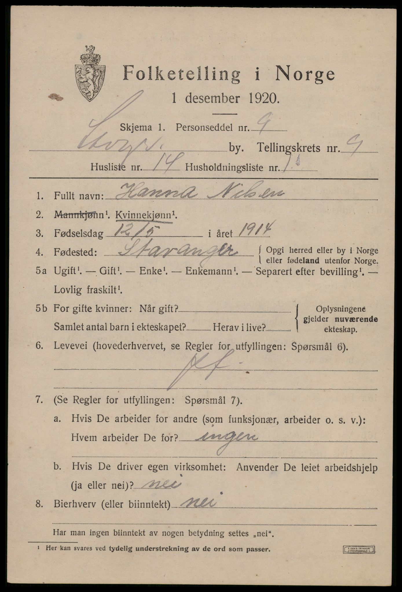 SAST, 1920 census for Stavanger, 1920, p. 49898
