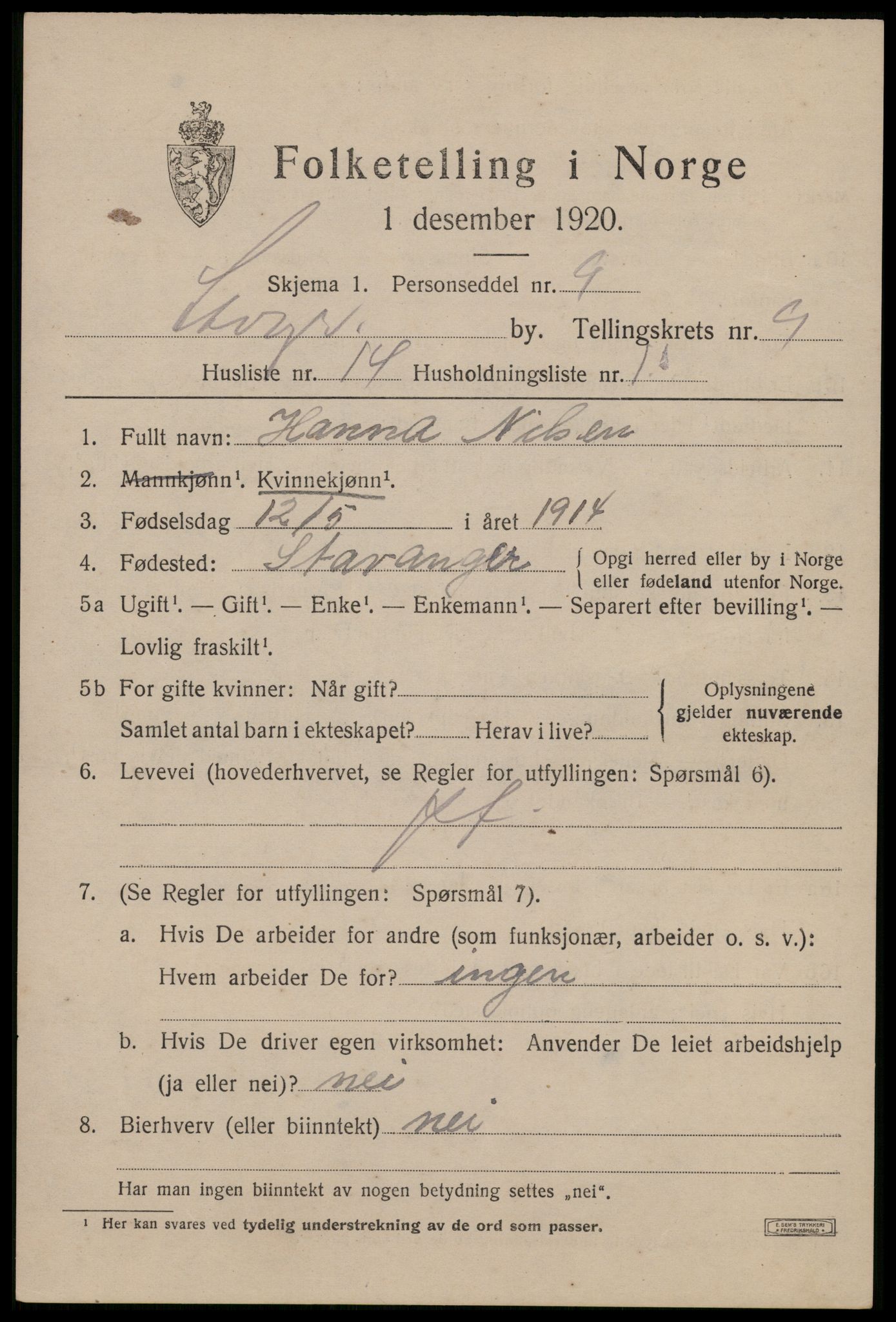 SAST, 1920 census for Stavanger, 1920, p. 49898