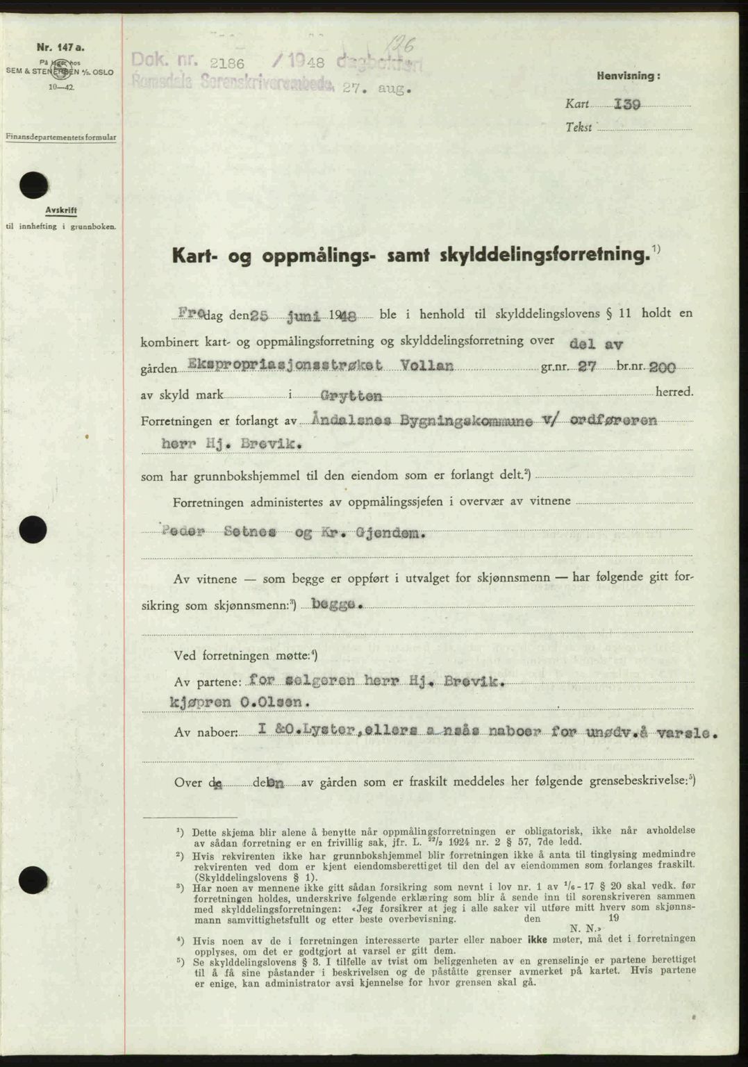 Romsdal sorenskriveri, AV/SAT-A-4149/1/2/2C: Mortgage book no. A27, 1948-1948, Diary no: : 2186/1948