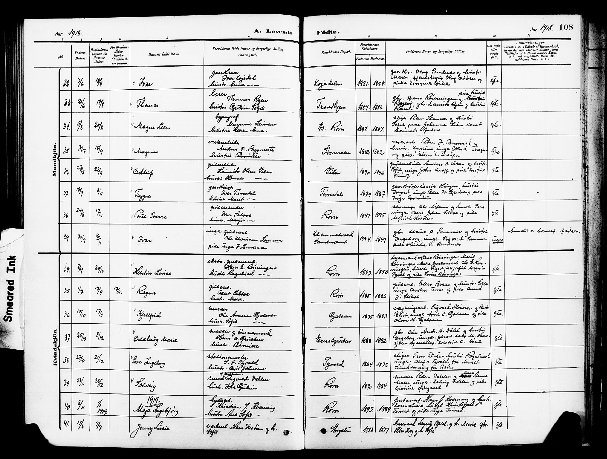 Ministerialprotokoller, klokkerbøker og fødselsregistre - Sør-Trøndelag, AV/SAT-A-1456/681/L0942: Parish register (copy) no. 681C06, 1906-1925, p. 108