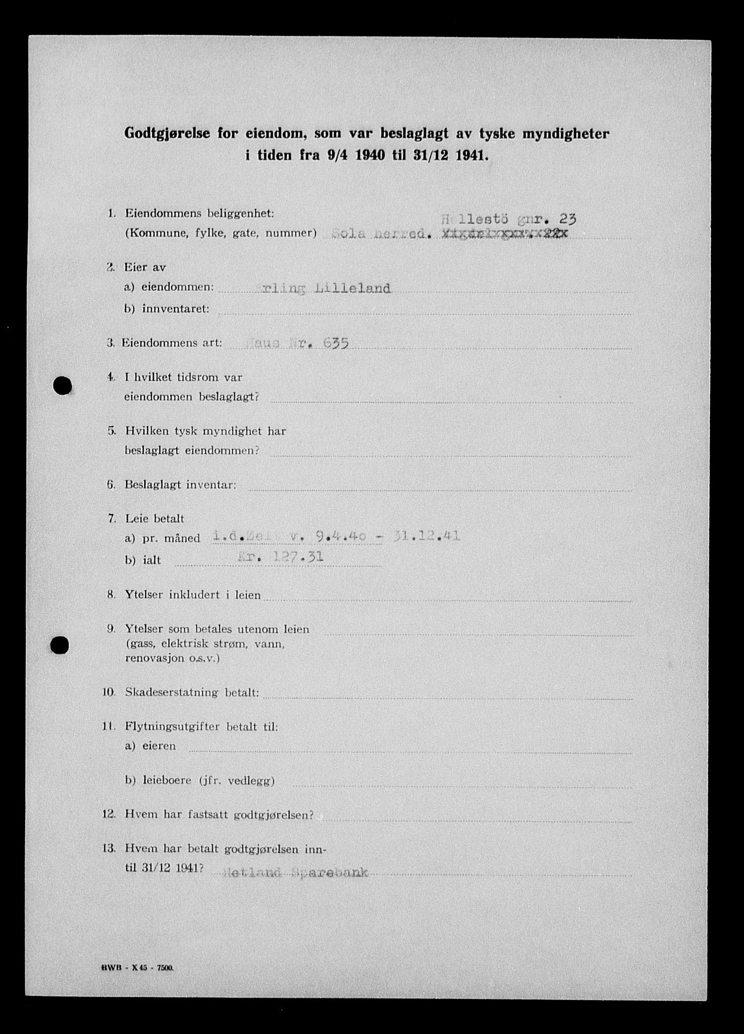 Justisdepartementet, Tilbakeføringskontoret for inndratte formuer, AV/RA-S-1564/I/L1014: Godtgjørelse for beslaglagt eiendom, 1940-1941, p. 499