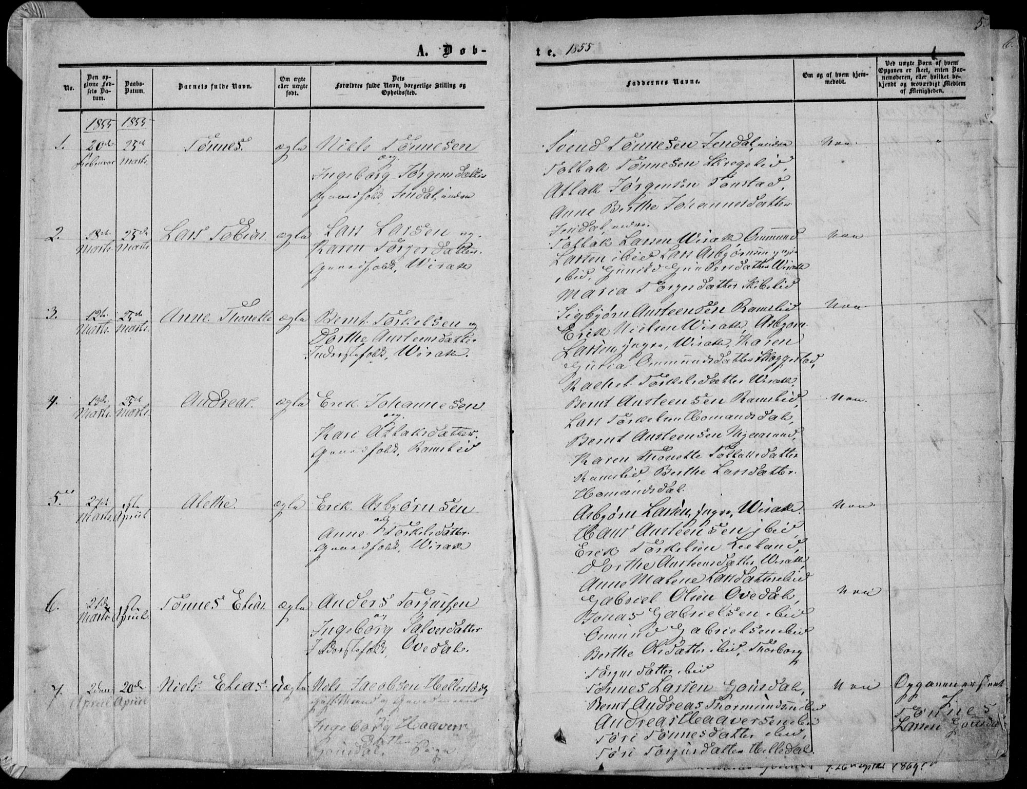 Bakke sokneprestkontor, SAK/1111-0002/F/Fa/Faa/L0006: Parish register (official) no. A 6, 1855-1877, p. 5
