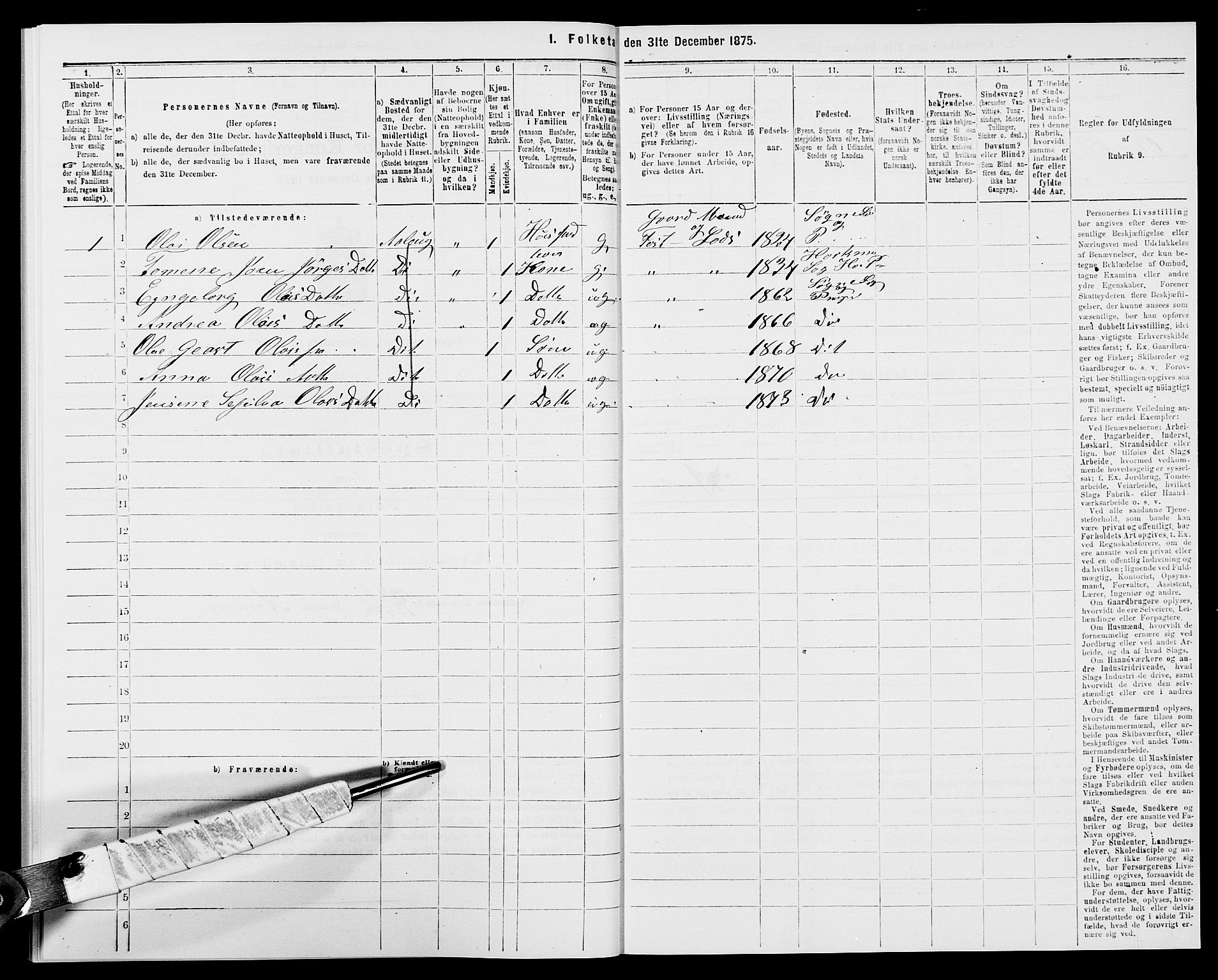 SAK, 1875 census for 1018P Søgne, 1875, p. 745