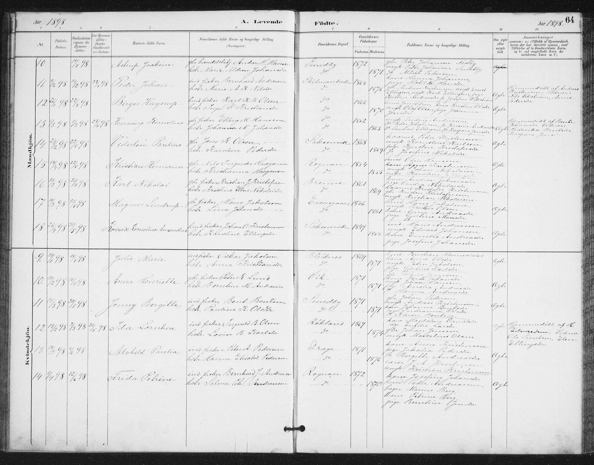Ministerialprotokoller, klokkerbøker og fødselsregistre - Nordland, SAT/A-1459/847/L0682: Parish register (copy) no. 847C10, 1889-1907, p. 64