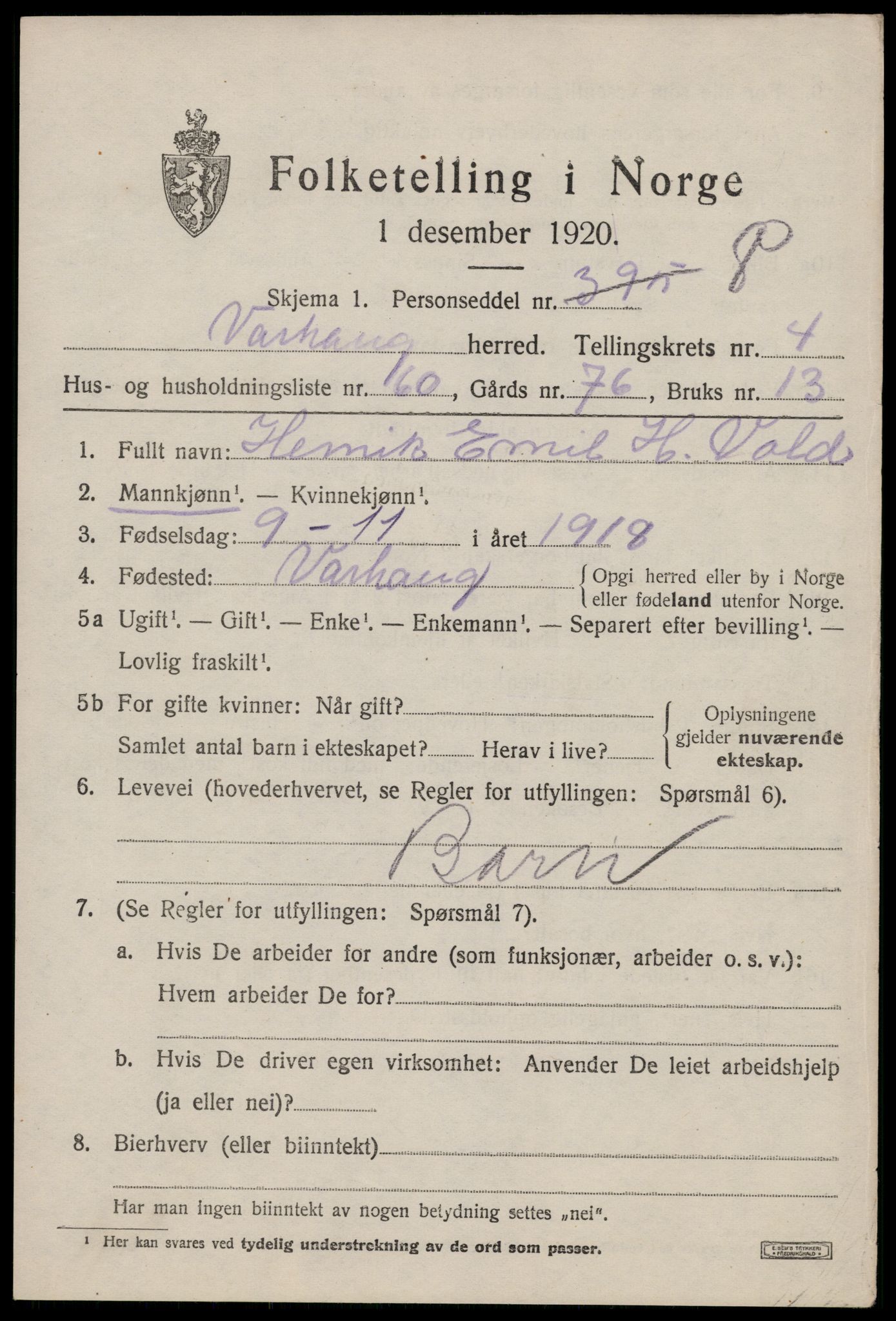 SAST, 1920 census for Varhaug, 1920, p. 4417