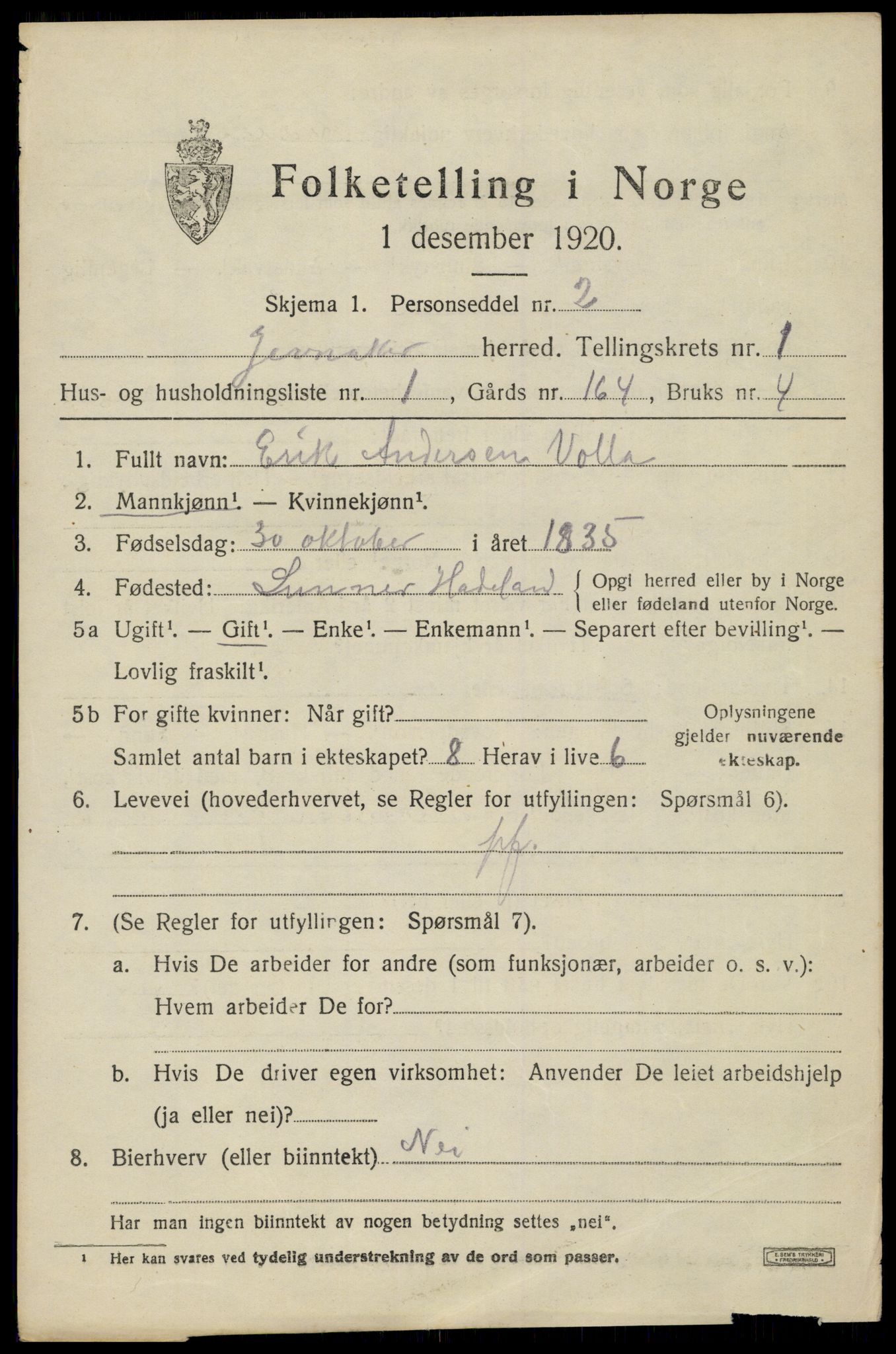 SAH, 1920 census for Jevnaker, 1920, p. 1237