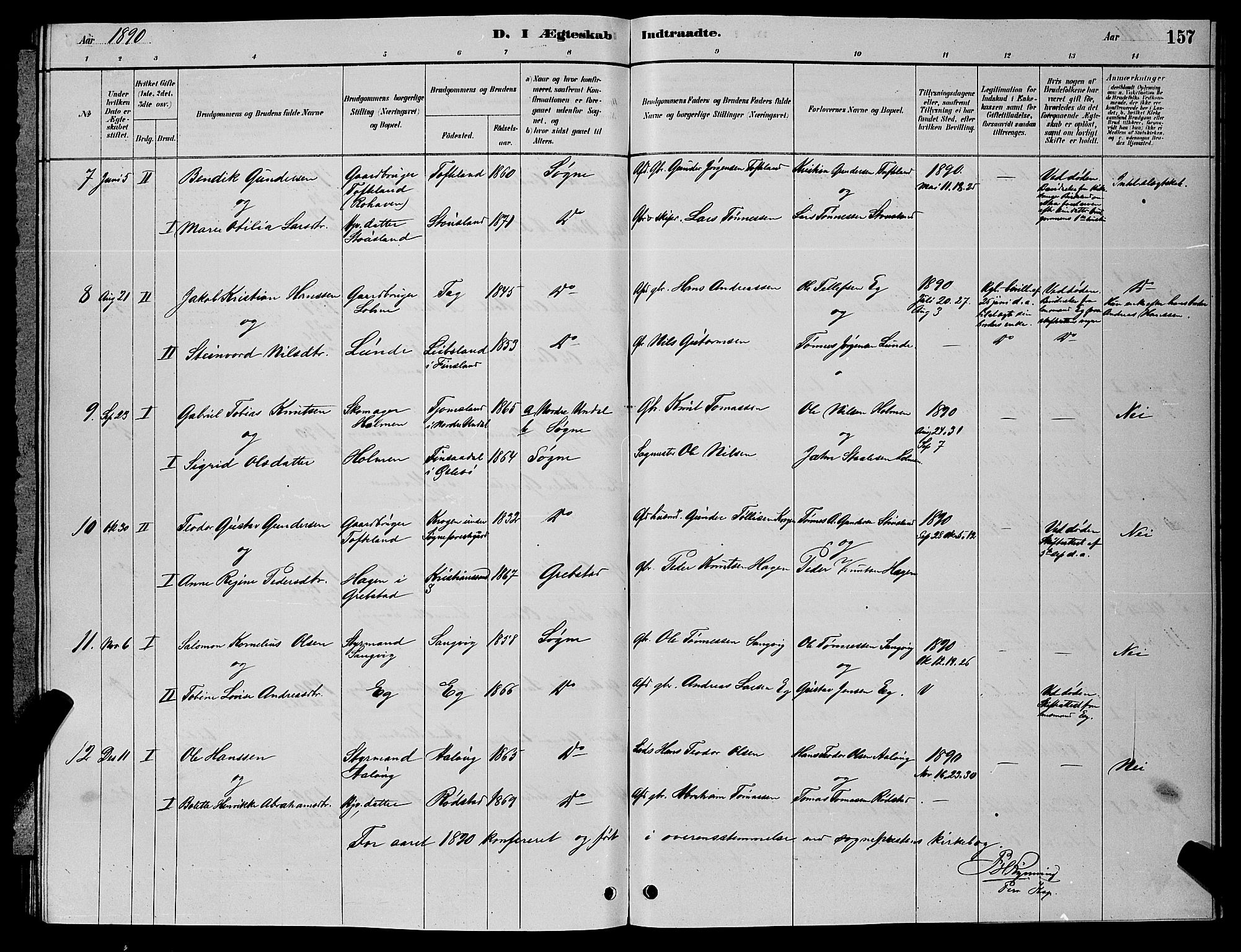 Søgne sokneprestkontor, SAK/1111-0037/F/Fb/Fbb/L0005: Parish register (copy) no. B 5, 1884-1891, p. 157