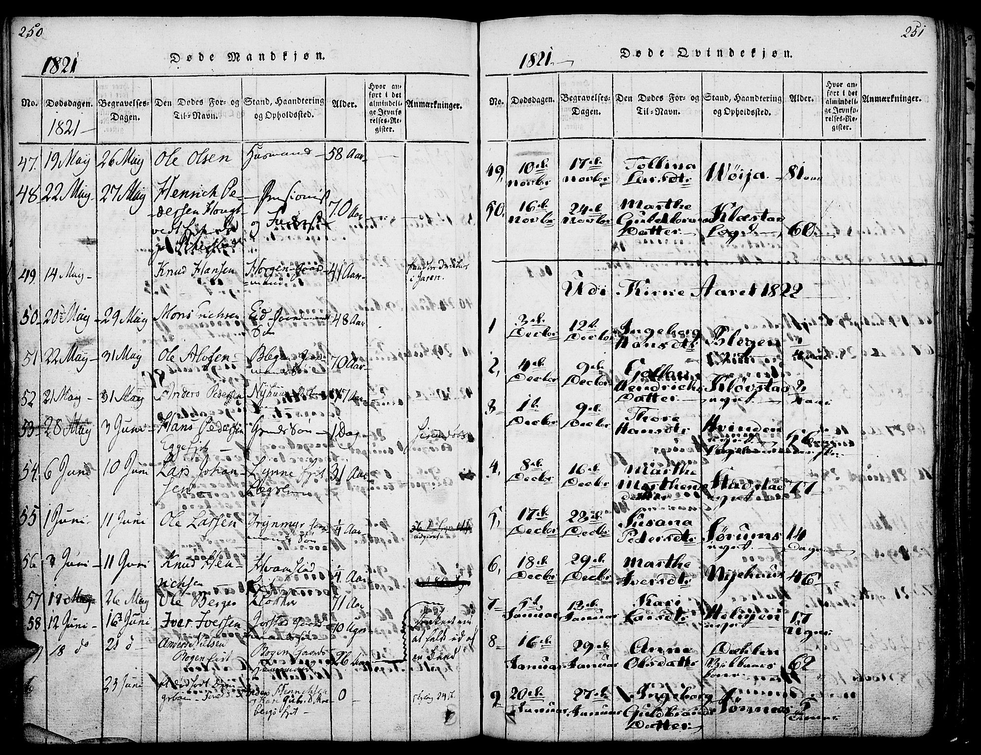 Gran prestekontor, SAH/PREST-112/H/Ha/Haa/L0009: Parish register (official) no. 9, 1815-1824, p. 250-251