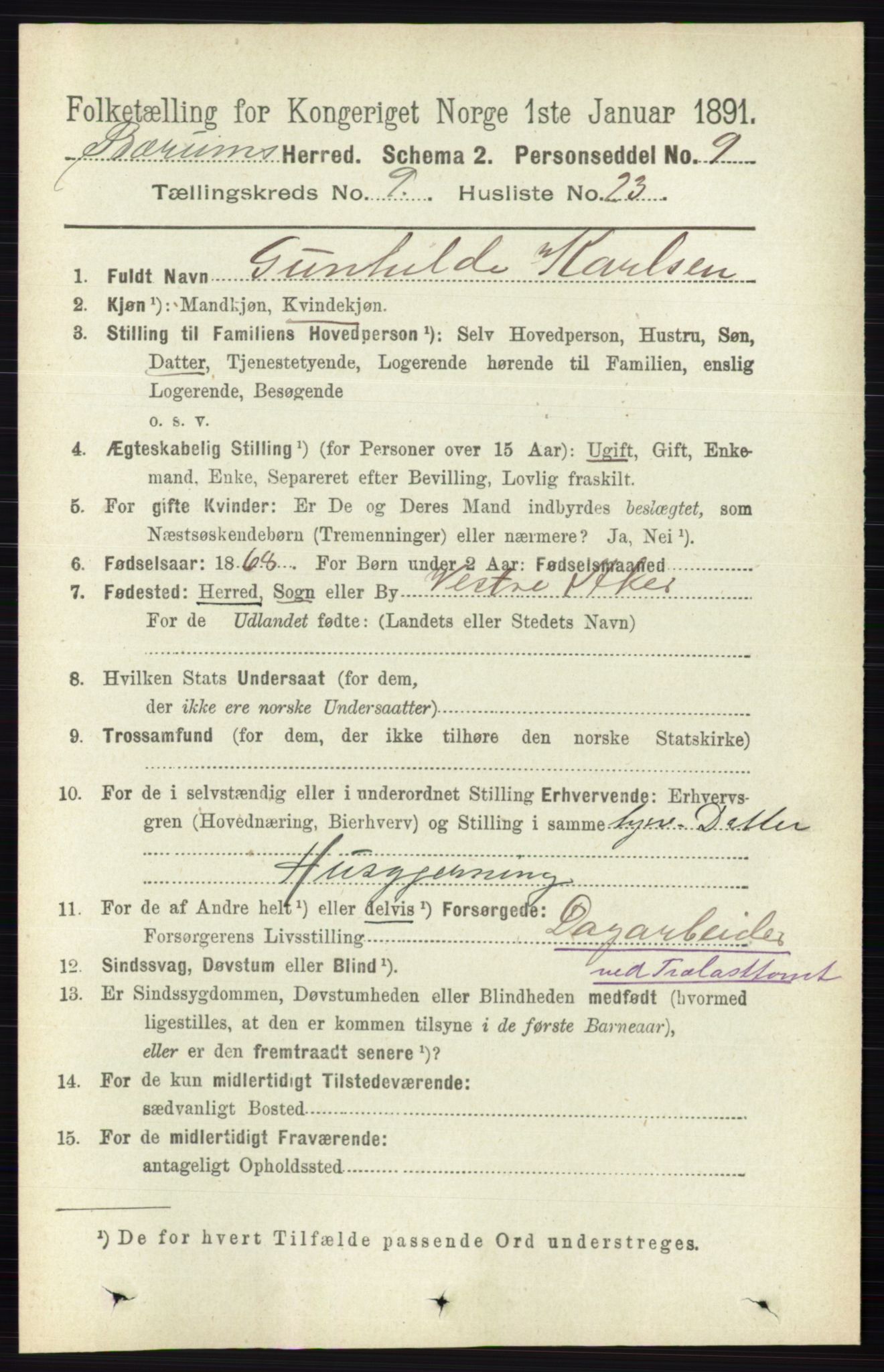 RA, 1891 census for 0219 Bærum, 1891, p. 5352