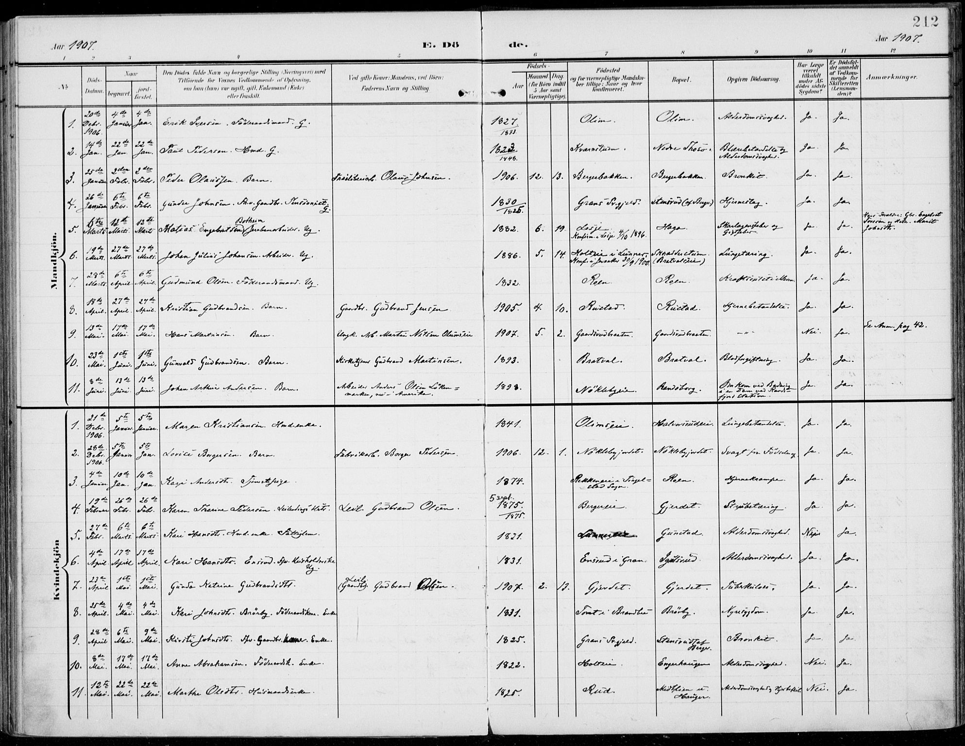 Jevnaker prestekontor, SAH/PREST-116/H/Ha/Haa/L0011: Parish register (official) no. 11, 1902-1913, p. 212