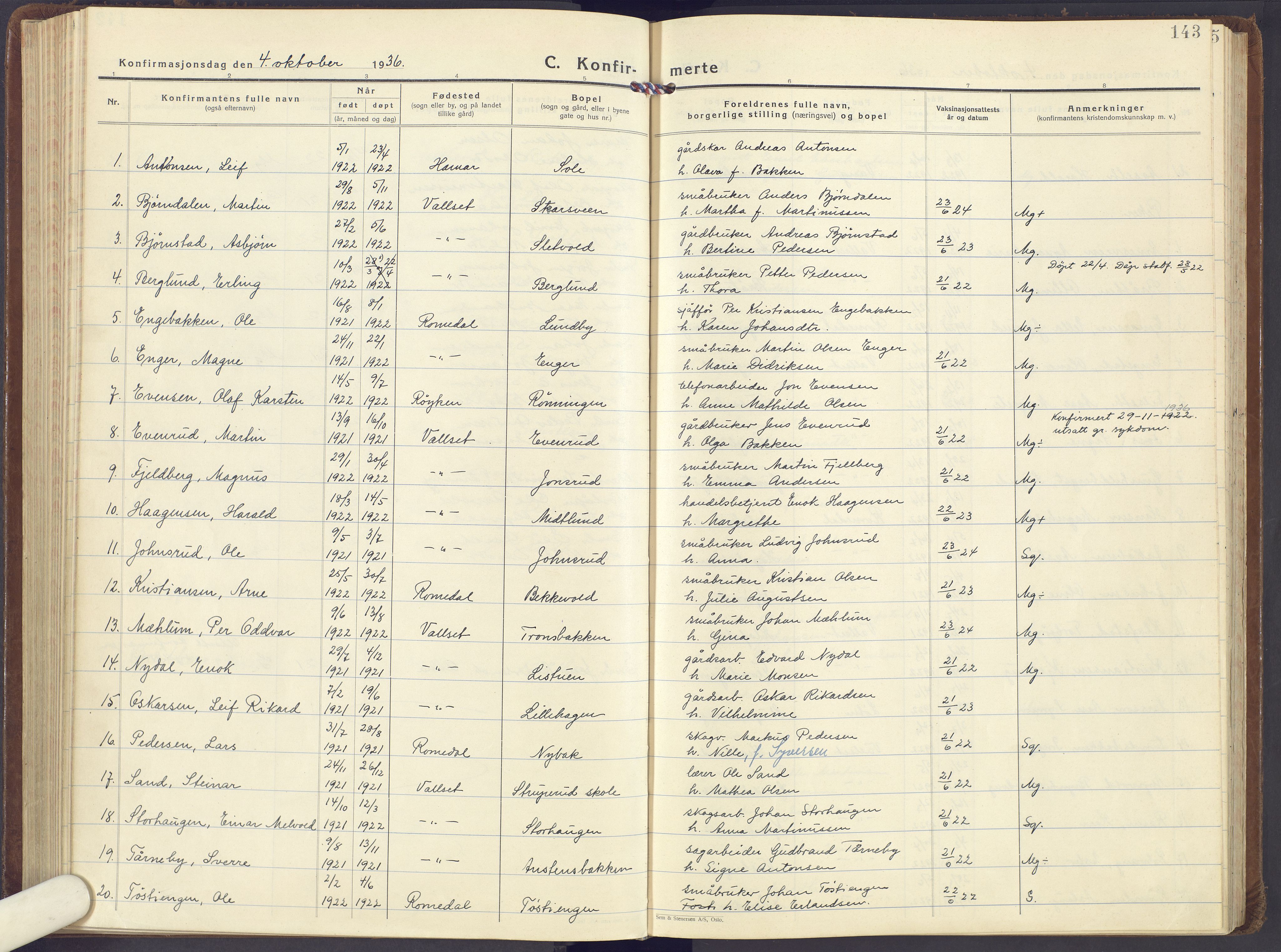 Romedal prestekontor, SAH/PREST-004/K/L0013: Parish register (official) no. 13, 1930-1949, p. 143