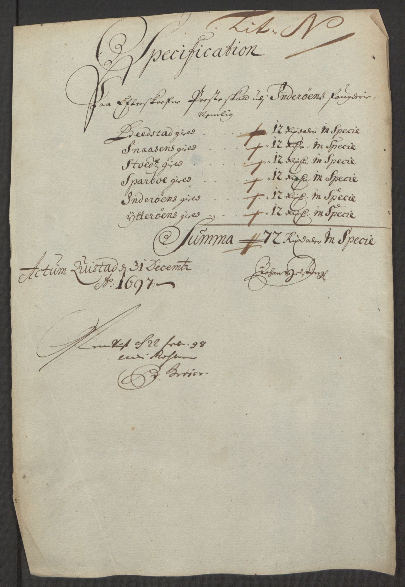 Rentekammeret inntil 1814, Reviderte regnskaper, Fogderegnskap, RA/EA-4092/R63/L4309: Fogderegnskap Inderøy, 1695-1697, p. 499