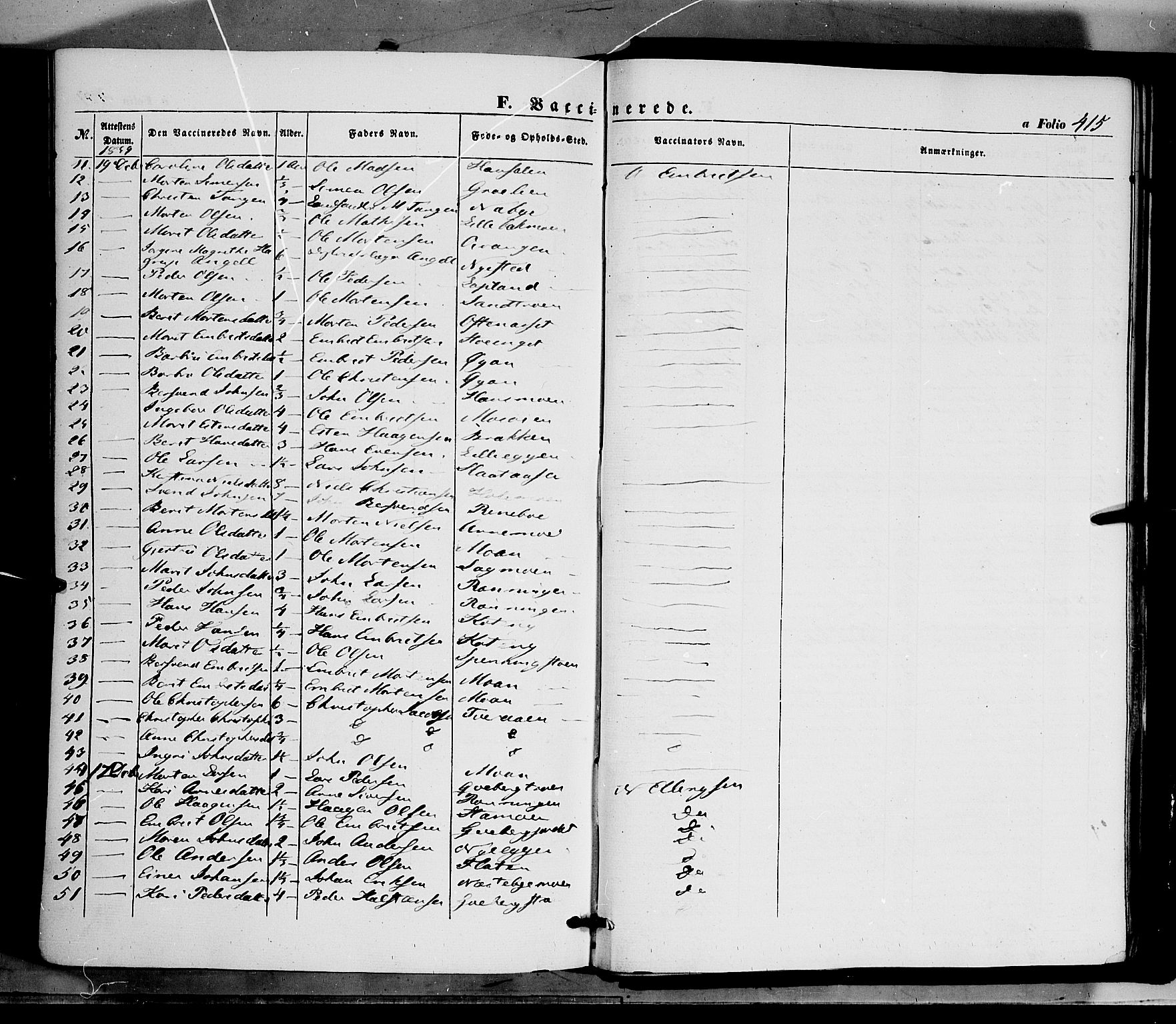 Tynset prestekontor, SAH/PREST-058/H/Ha/Haa/L0020: Parish register (official) no. 20, 1848-1862, p. 415