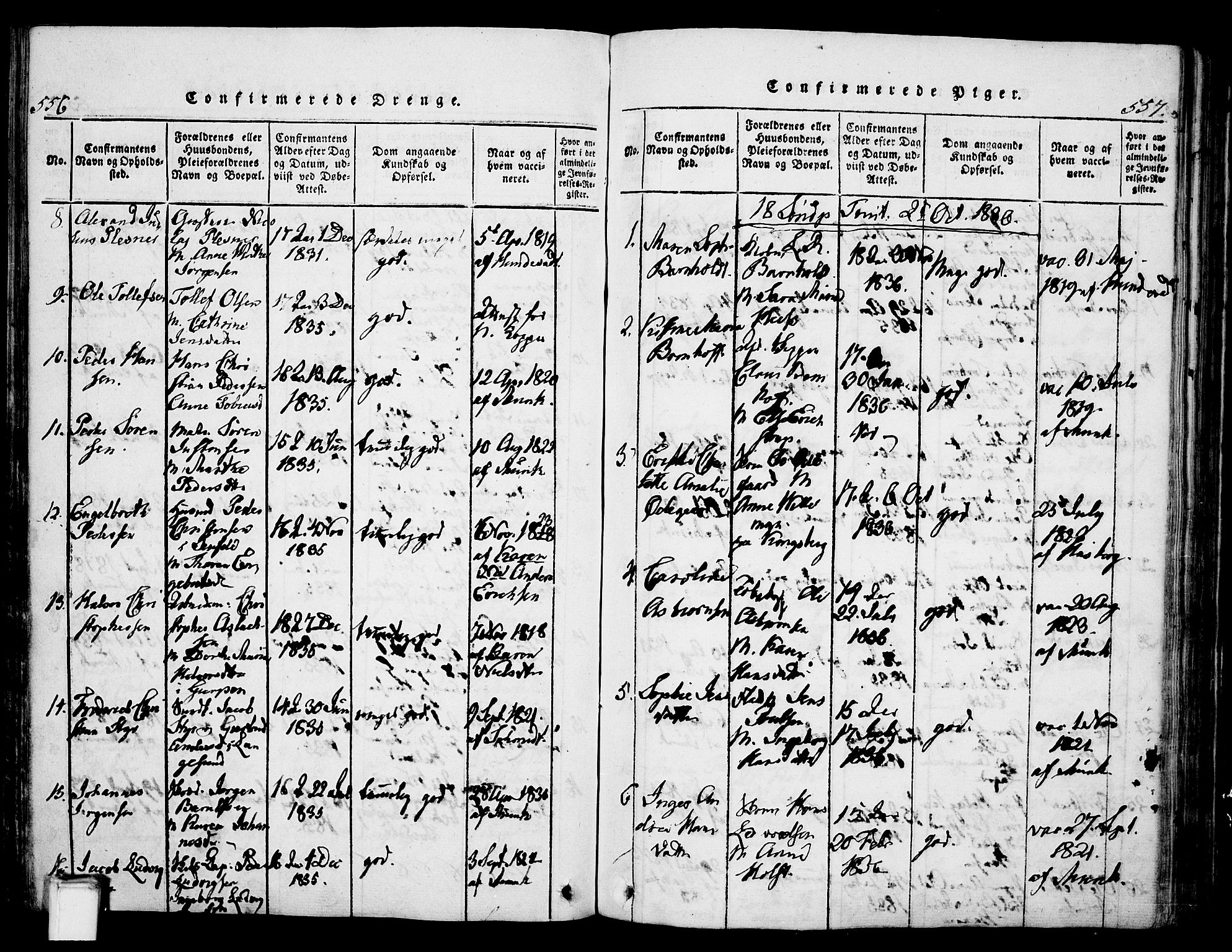 Skien kirkebøker, AV/SAKO-A-302/G/Ga/L0002: Parish register (copy) no. 2, 1814-1842, p. 556-557