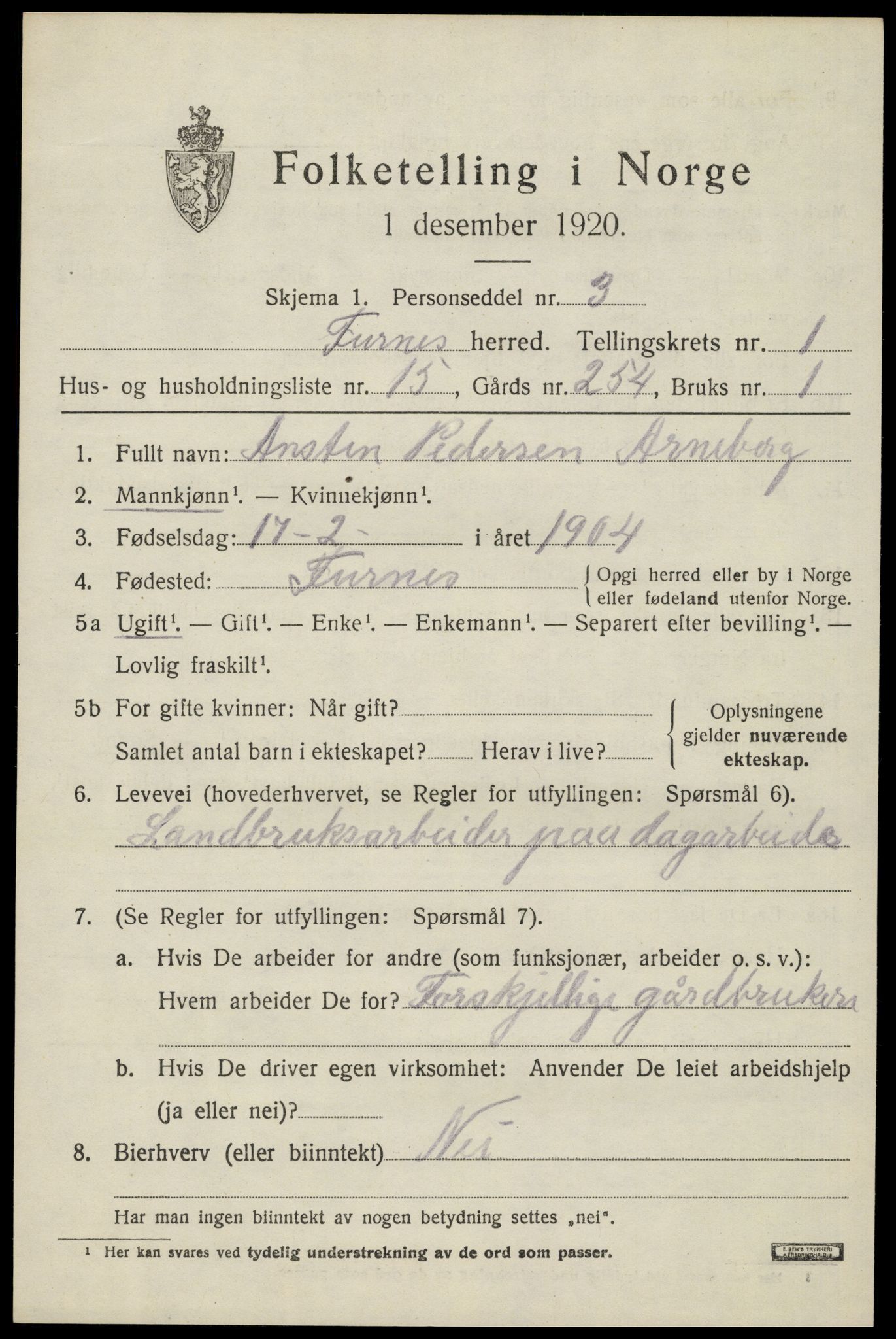SAH, 1920 census for Furnes, 1920, p. 1813