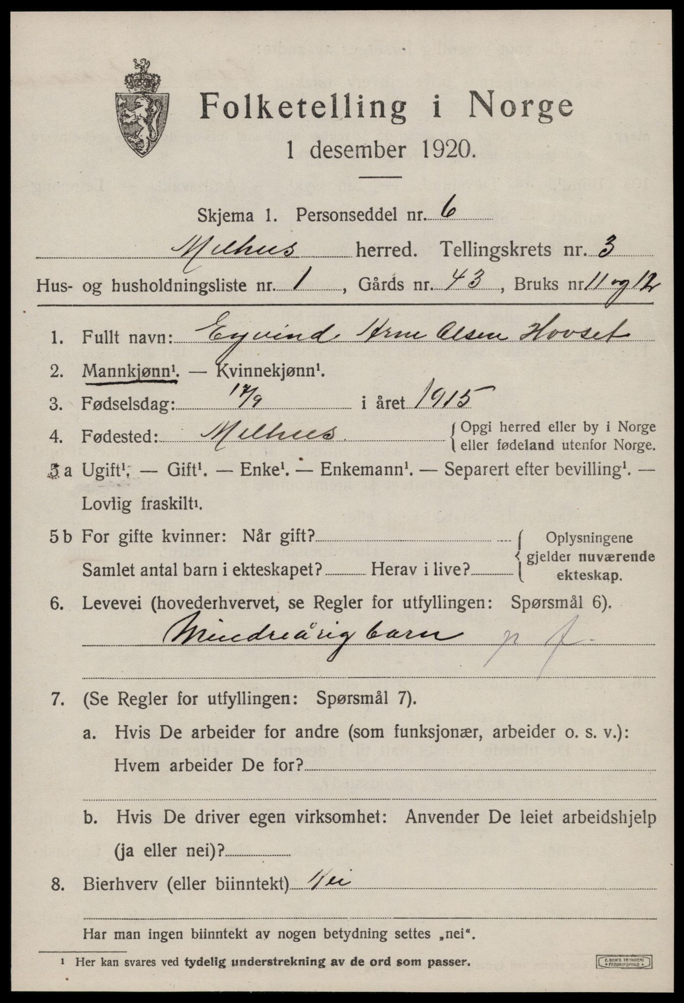 SAT, 1920 census for Melhus, 1920, p. 2603