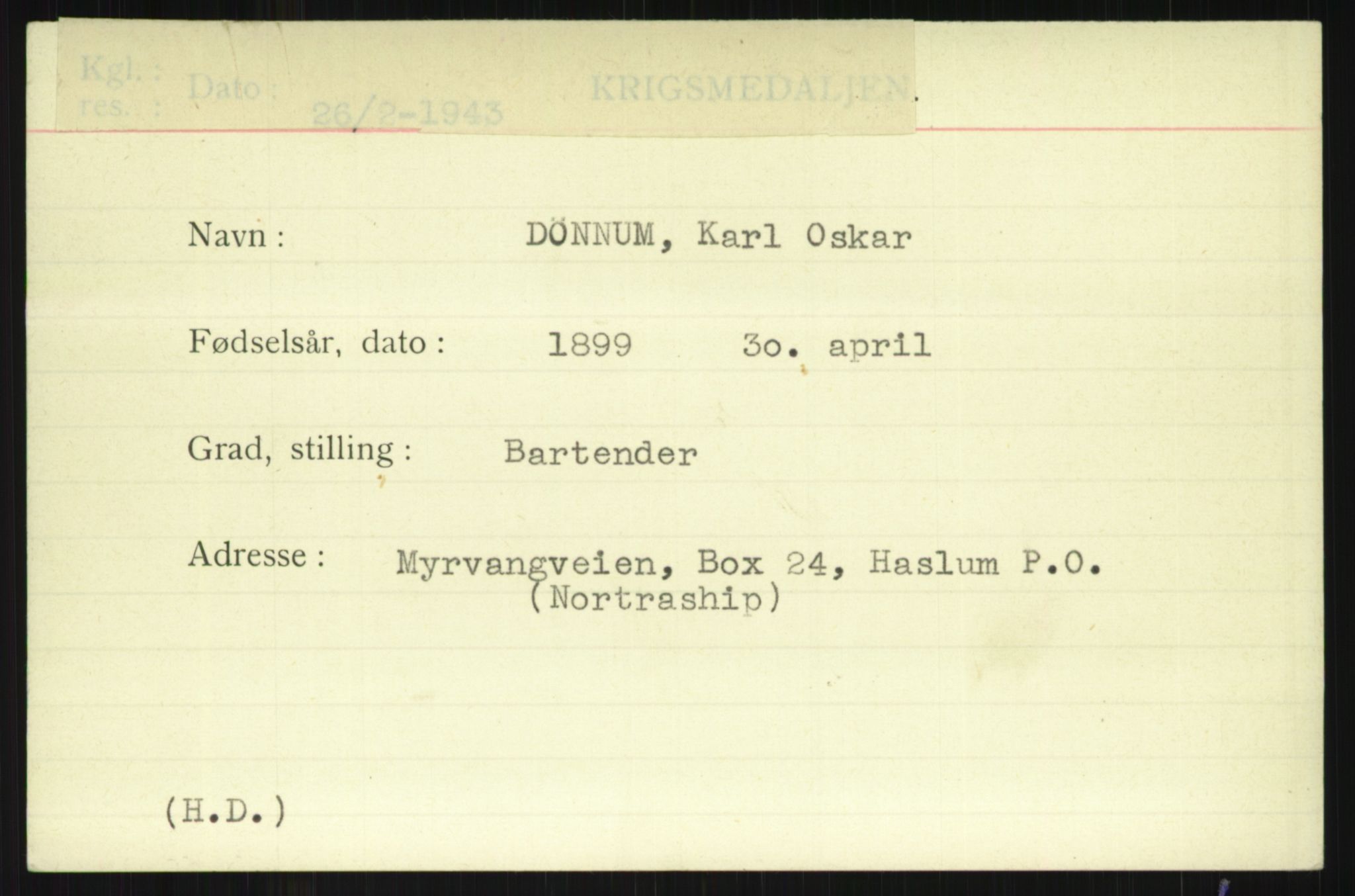 Direktoratet for sjømenn, AV/RA-S-3545/G/Gi/L0004: Kartotek over krigsdekorasjoner tildelt nordmenn under krigen, 1940-1945, p. 1907