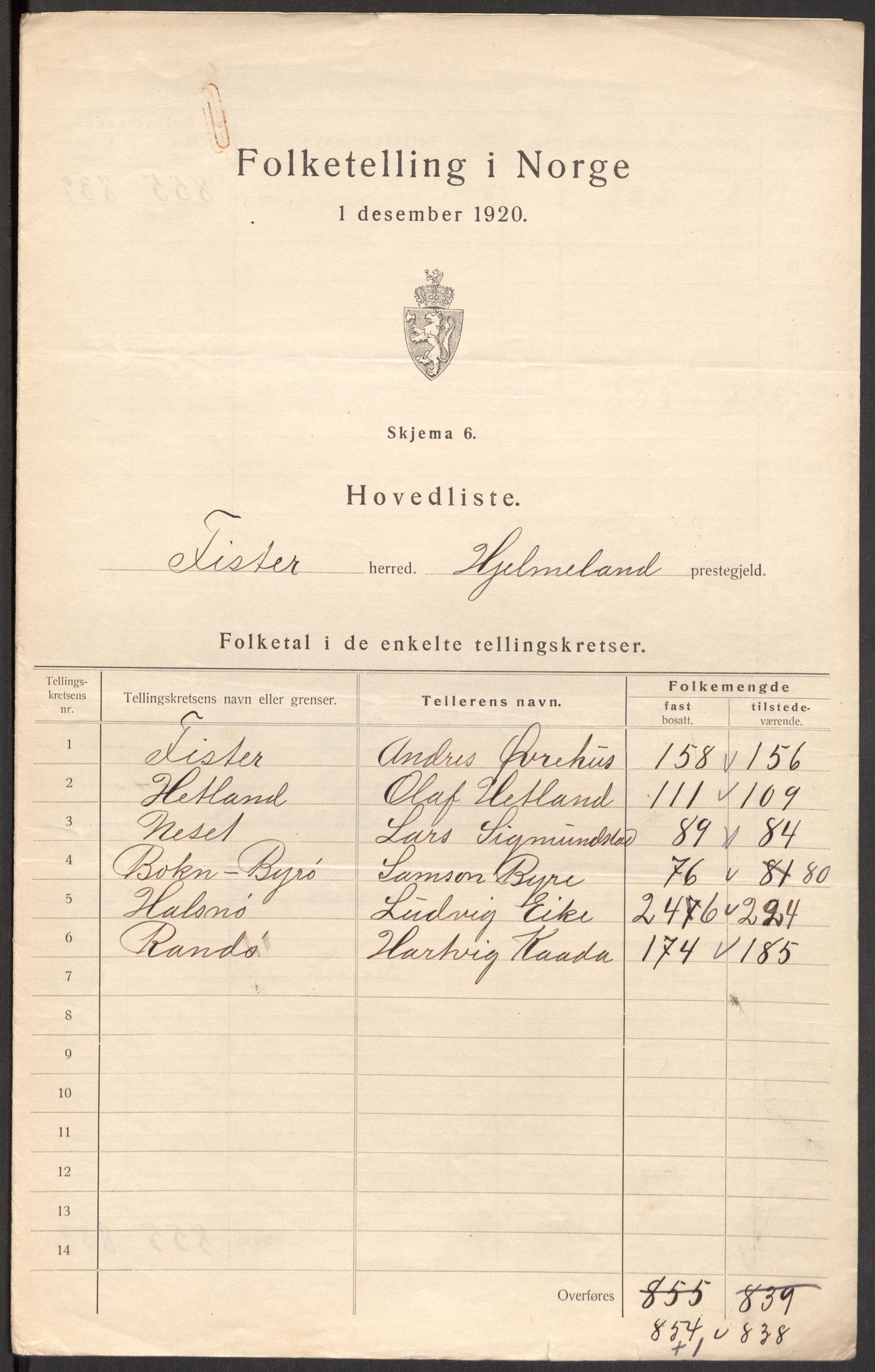 SAST, 1920 census for Fister, 1920, p. 8