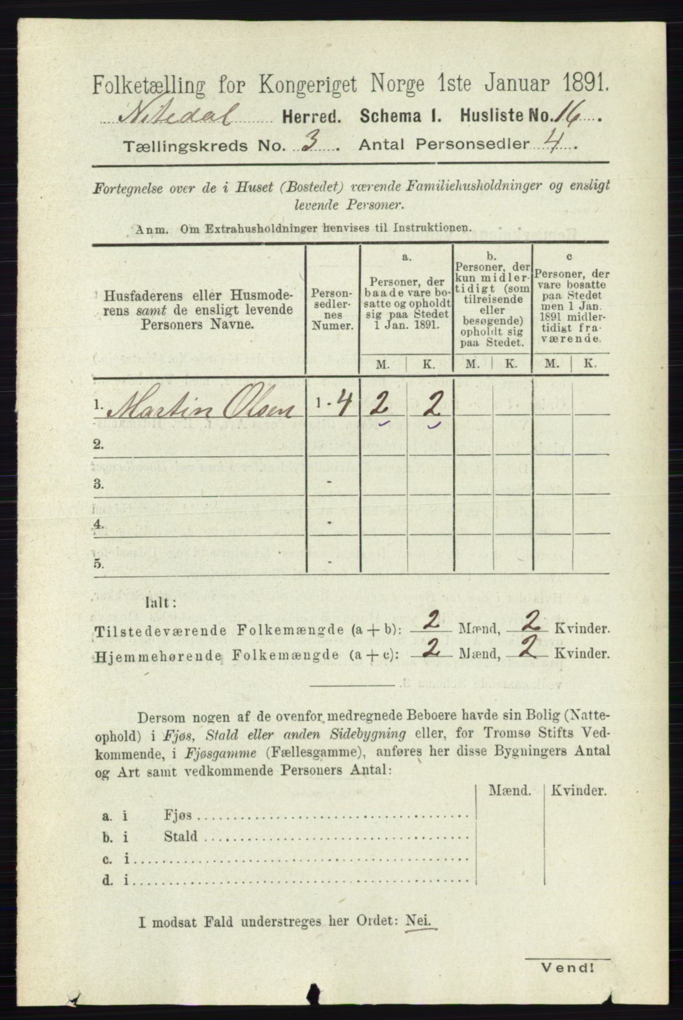 RA, 1891 census for 0233 Nittedal, 1891, p. 1141