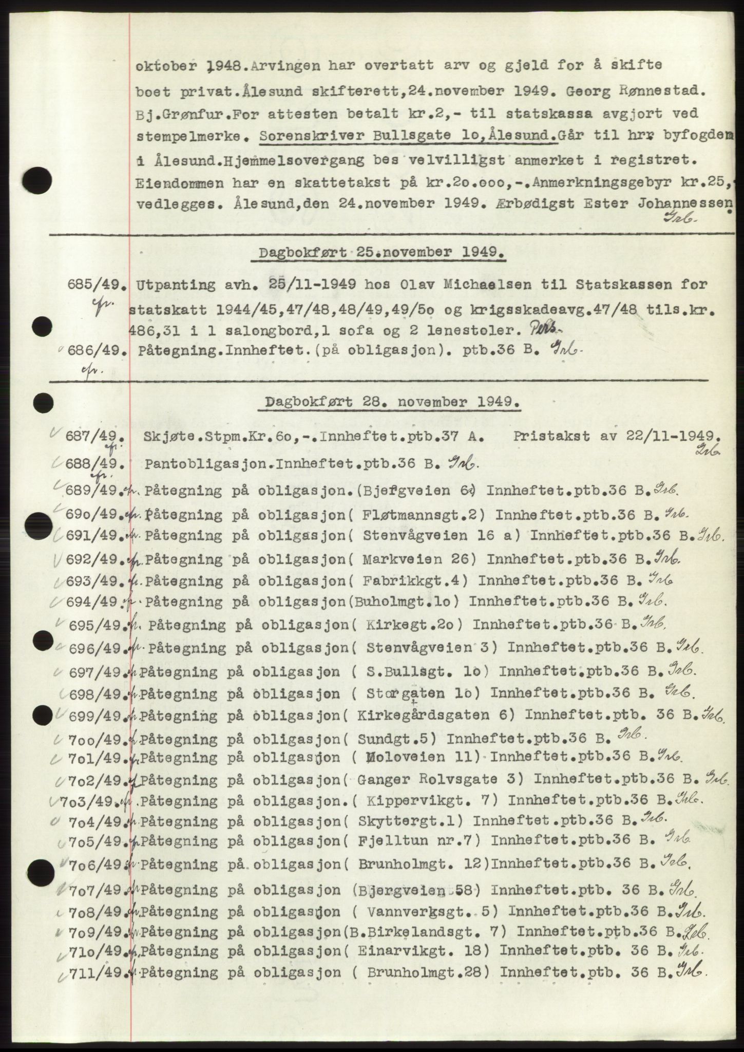 Ålesund byfogd, AV/SAT-A-4384: Mortgage book no. C34-35, 1946-1950, Diary no: : 685/1949