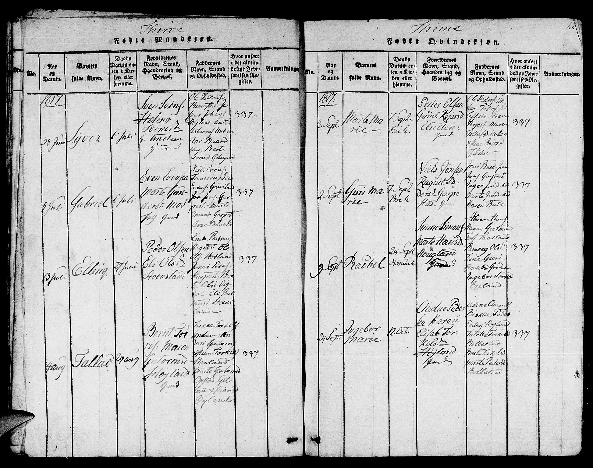 Lye sokneprestkontor, AV/SAST-A-101794/001/30BB/L0001: Parish register (copy) no. B 1 /1, 1816-1826, p. 12