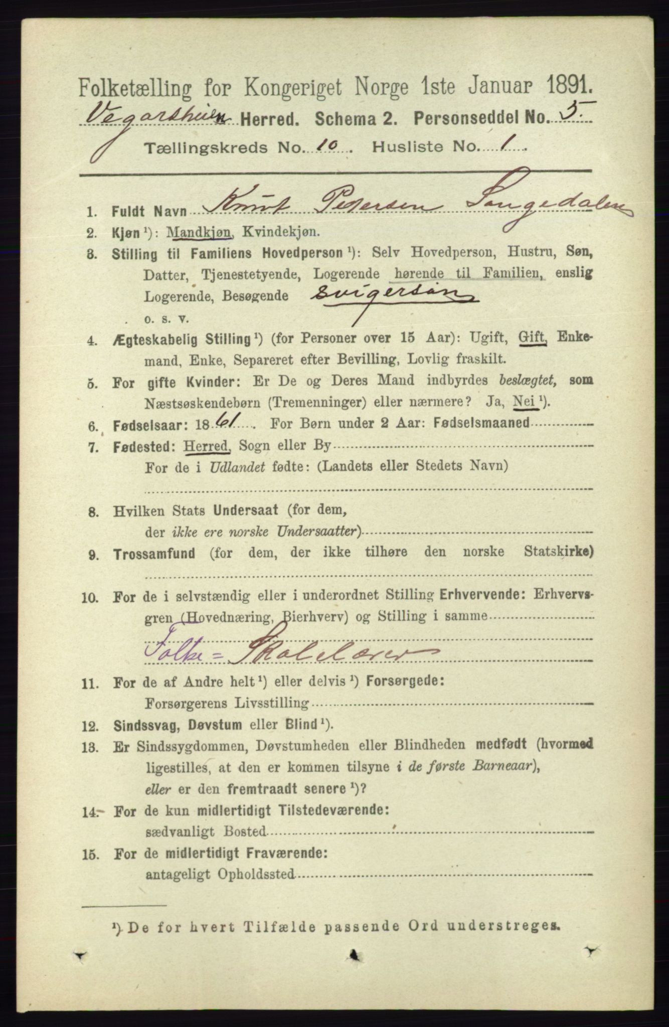 RA, 1891 census for 0912 Vegårshei, 1891, p. 1912