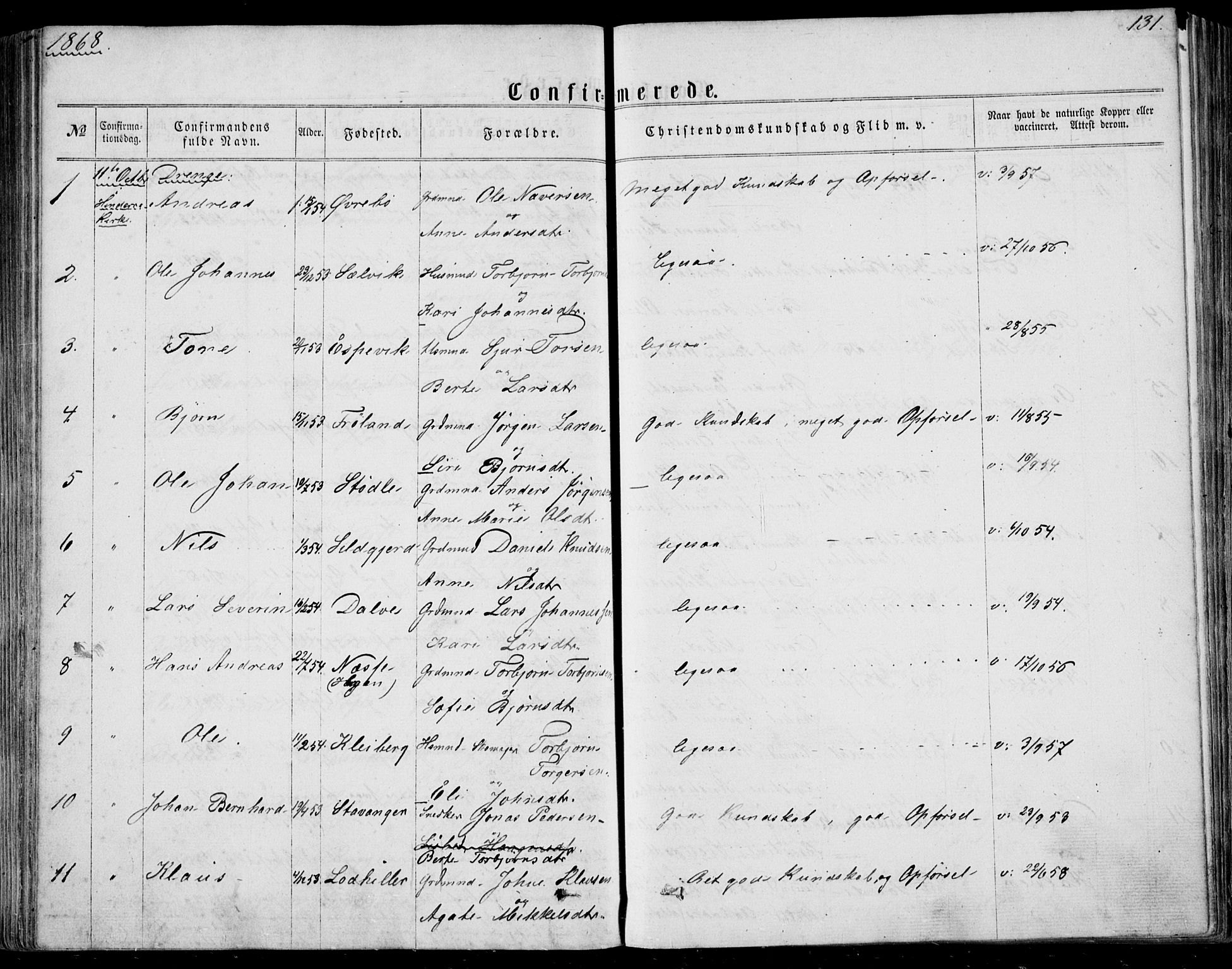 Nedstrand sokneprestkontor, AV/SAST-A-101841/01/IV: Parish register (official) no. A 9, 1861-1876, p. 131