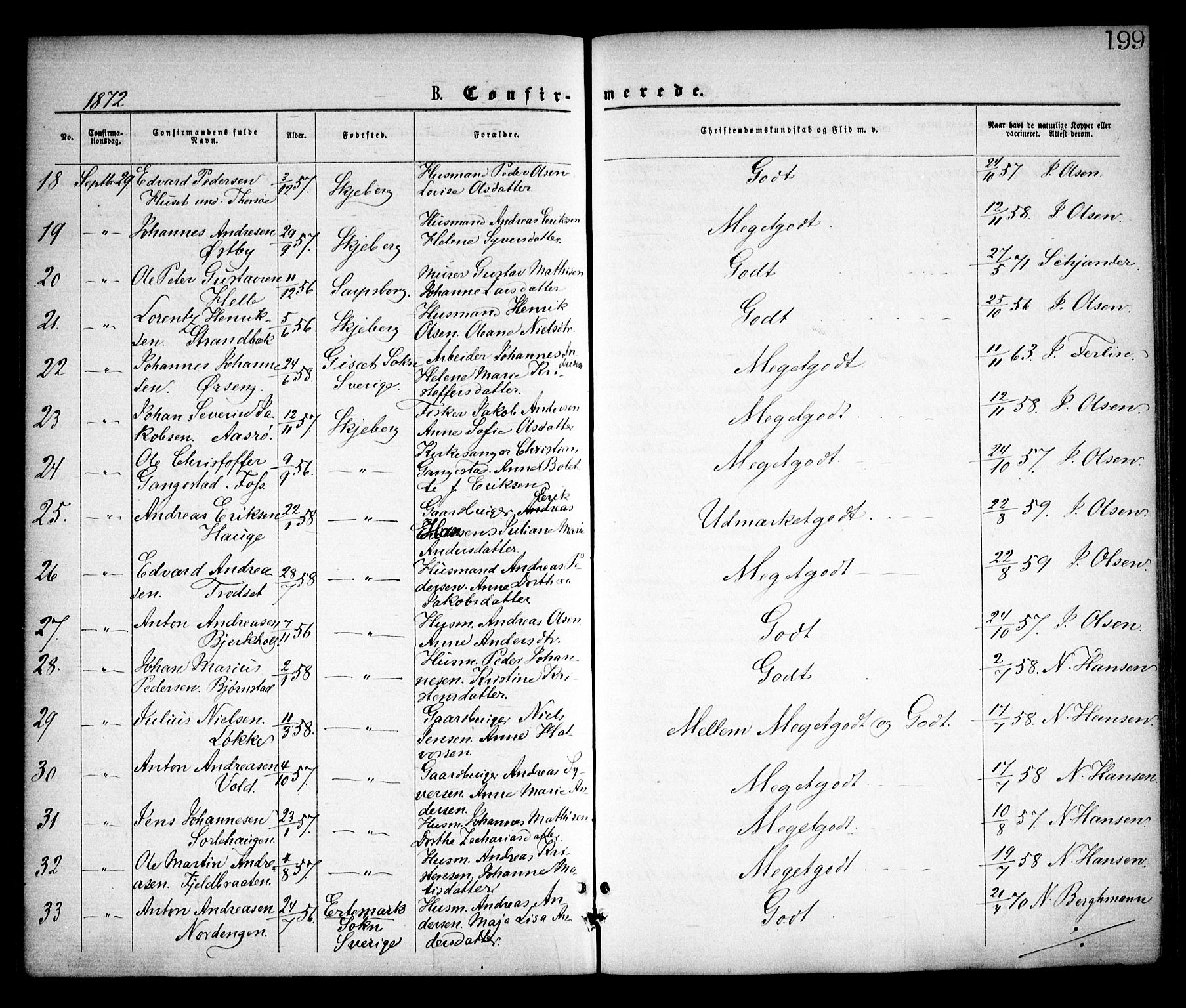 Skjeberg prestekontor Kirkebøker, AV/SAO-A-10923/F/Fa/L0008: Parish register (official) no. I 8, 1869-1885, p. 199