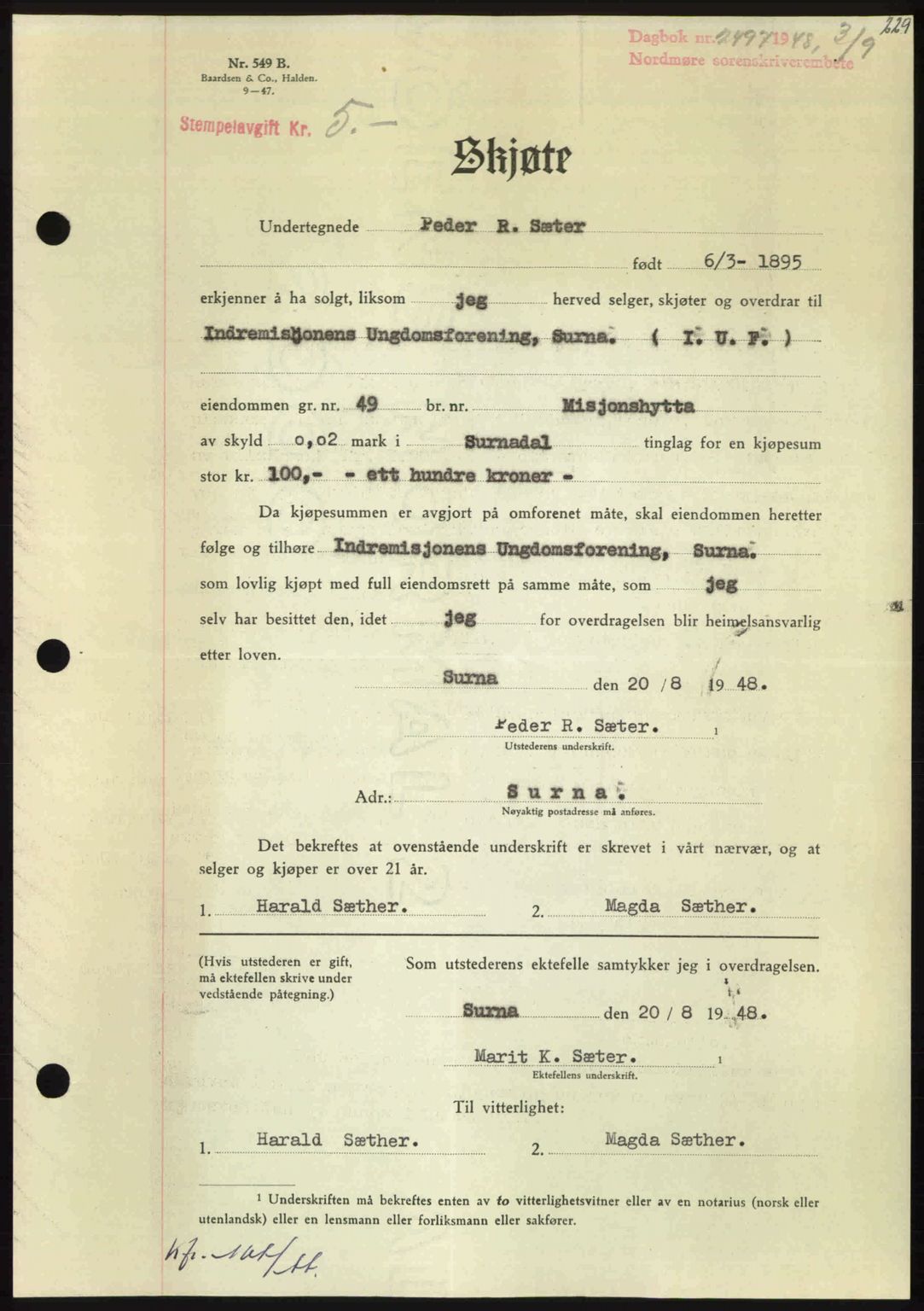 Nordmøre sorenskriveri, AV/SAT-A-4132/1/2/2Ca: Mortgage book no. A109, 1948-1948, Diary no: : 2497/1948