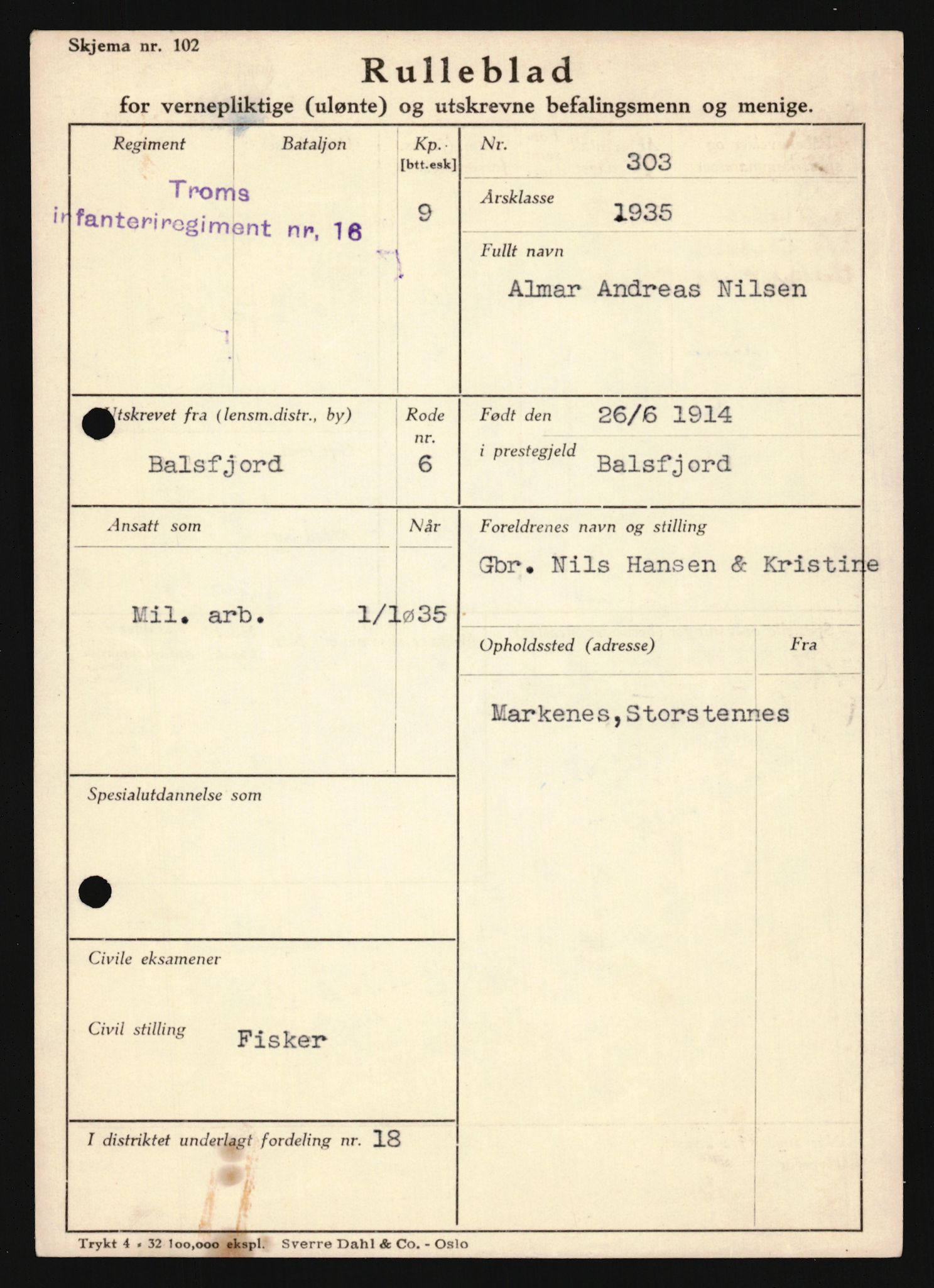 Forsvaret, Troms infanteriregiment nr. 16, AV/RA-RAFA-3146/P/Pa/L0019: Rulleblad for regimentets menige mannskaper, årsklasse 1935, 1935, p. 821