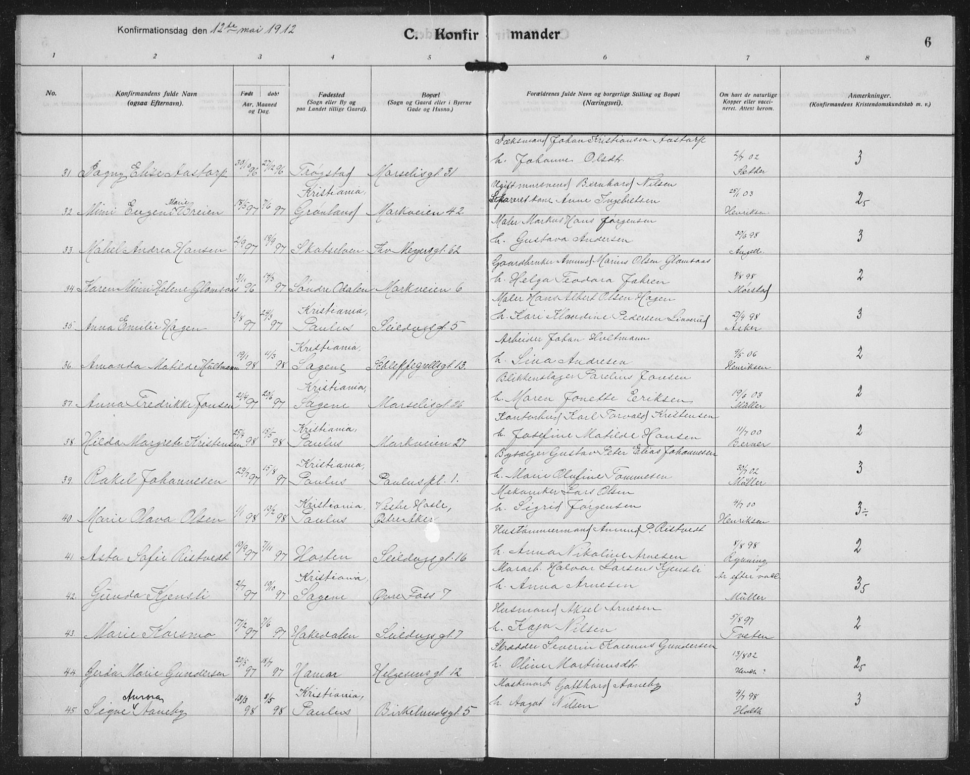 Paulus prestekontor Kirkebøker, AV/SAO-A-10871/F/Fa/L0022: Parish register (official) no. 22, 1912-1920, p. 6
