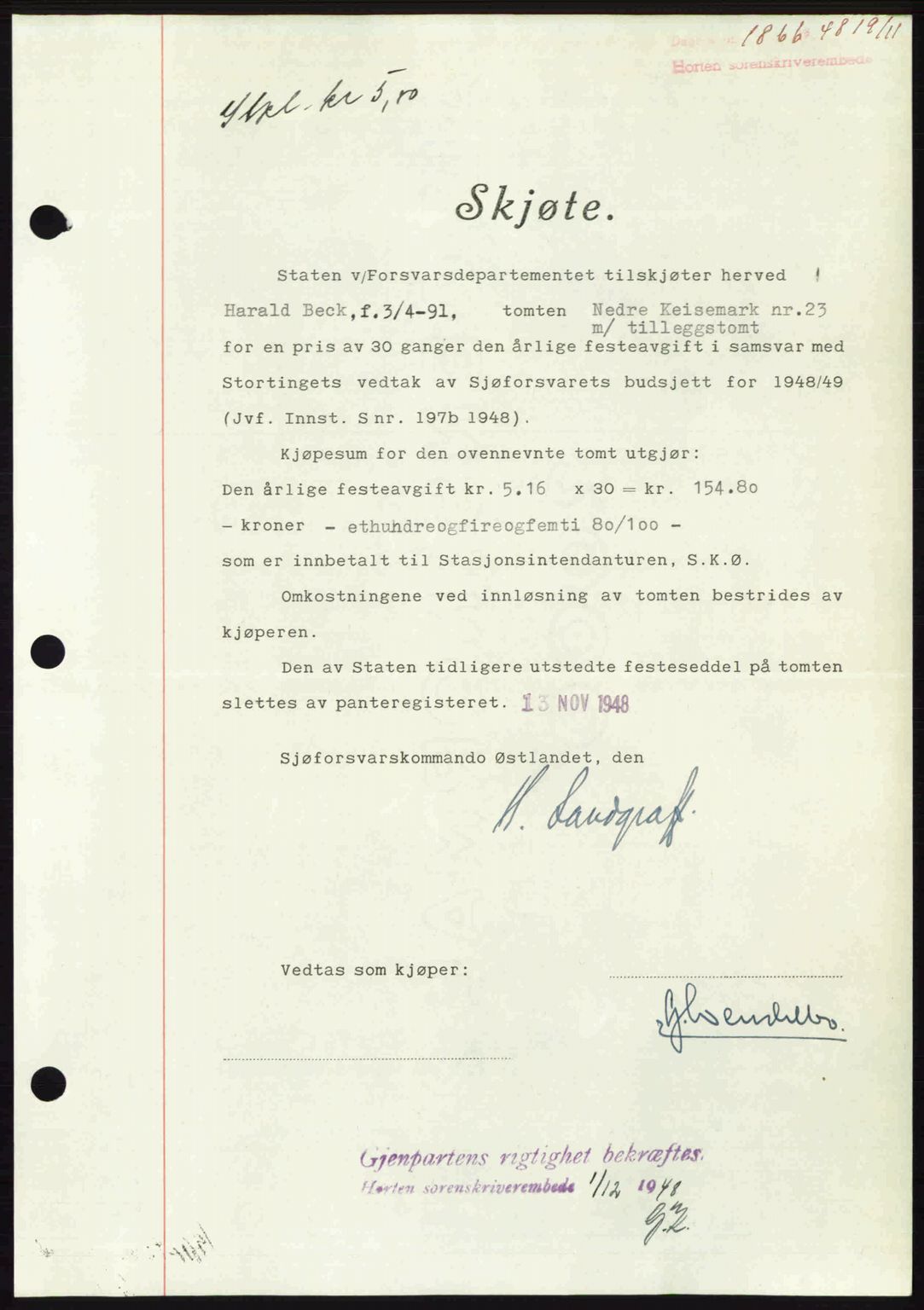 Horten sorenskriveri, SAKO/A-133/G/Ga/Gaa/L0011: Mortgage book no. A-11, 1948-1948, Diary no: : 1866/1948