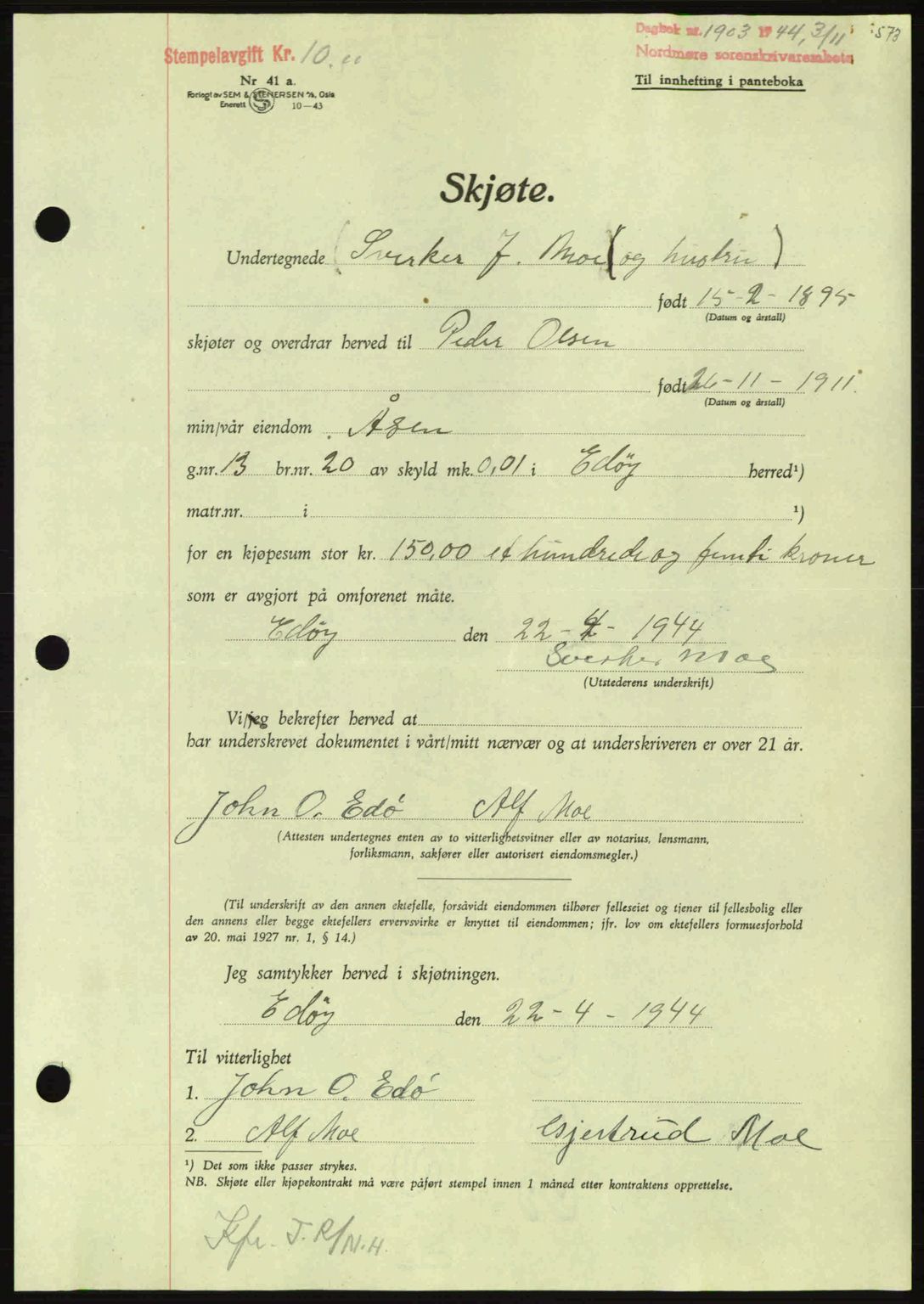 Nordmøre sorenskriveri, AV/SAT-A-4132/1/2/2Ca: Mortgage book no. A98, 1944-1944, Diary no: : 1903/1944