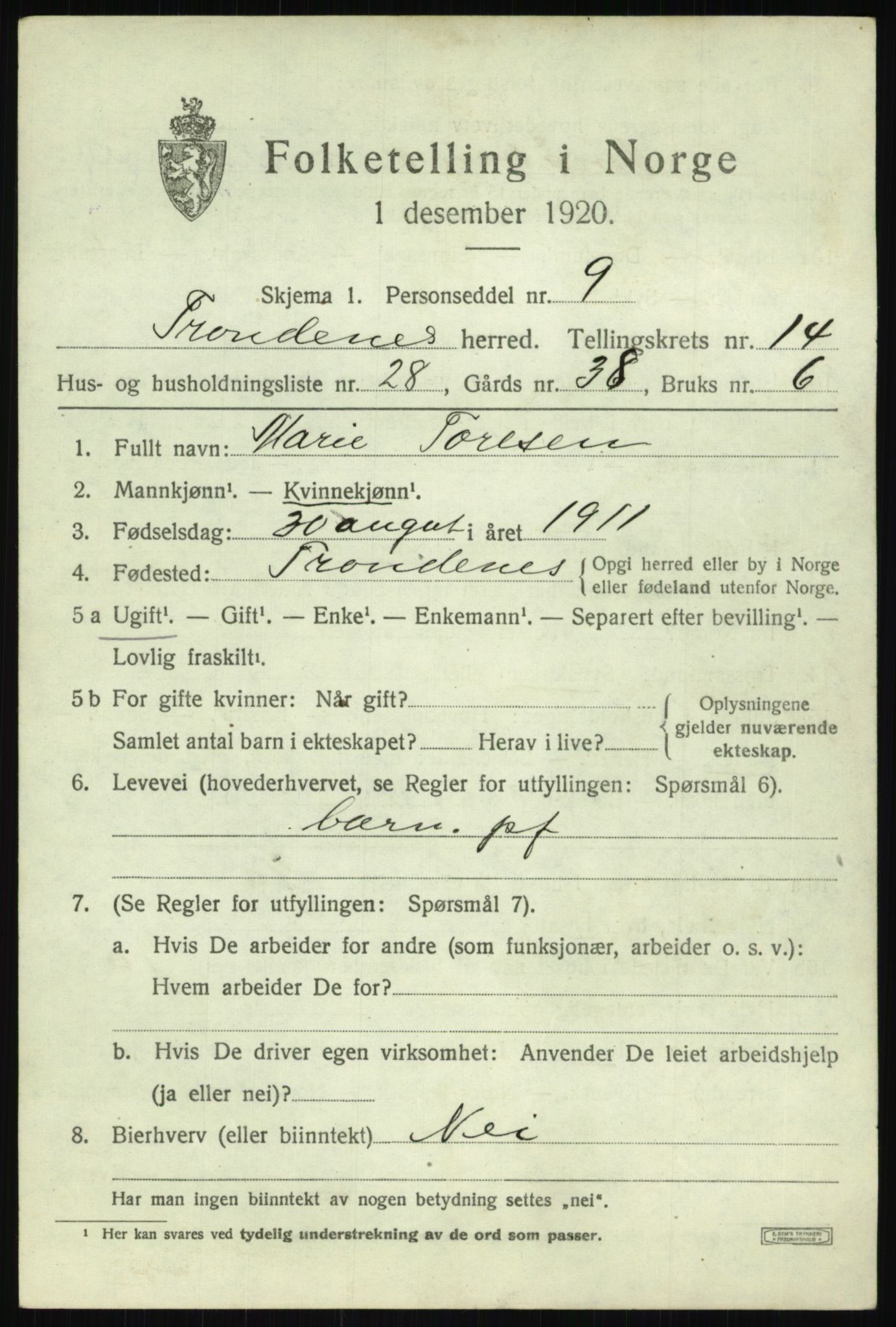 SATØ, 1920 census for Trondenes, 1920, p. 10299