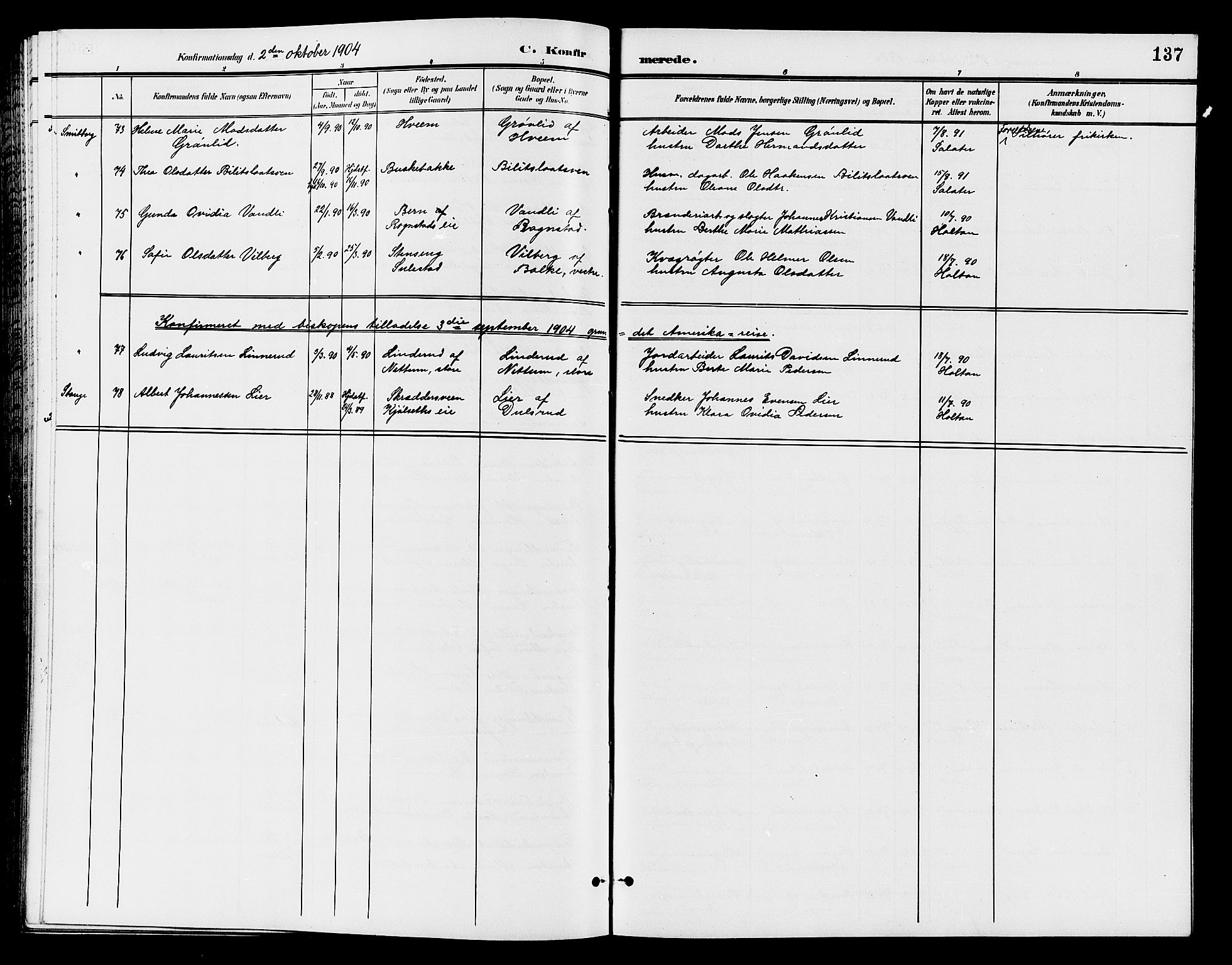 Østre Toten prestekontor, AV/SAH-PREST-104/H/Ha/Hab/L0007: Parish register (copy) no. 7, 1901-1912, p. 137