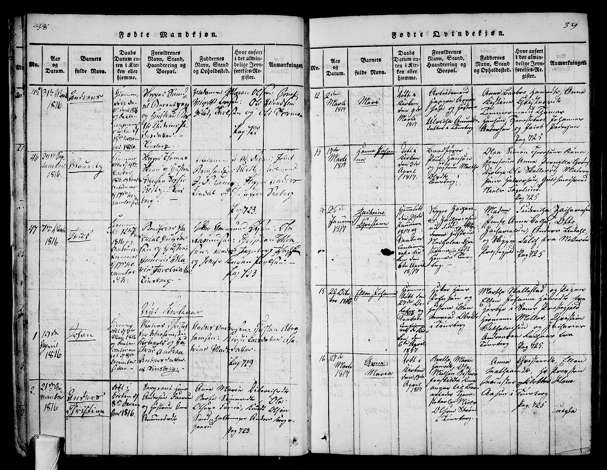 Tønsberg kirkebøker, AV/SAKO-A-330/F/Fa/L0004: Parish register (official) no. I 4, 1813-1826, p. 38-39