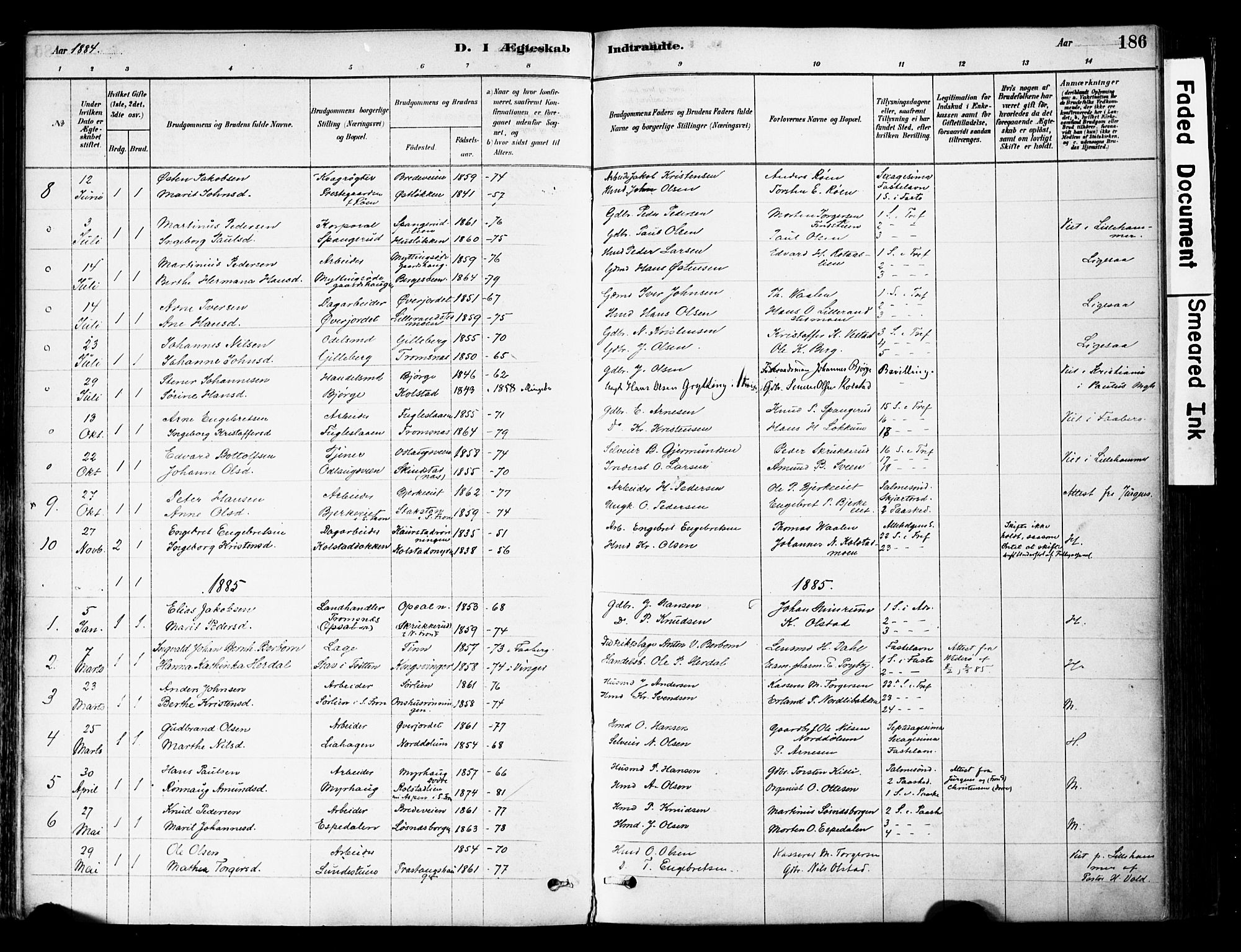 Ringebu prestekontor, AV/SAH-PREST-082/H/Ha/Haa/L0008: Parish register (official) no. 8, 1878-1898, p. 186