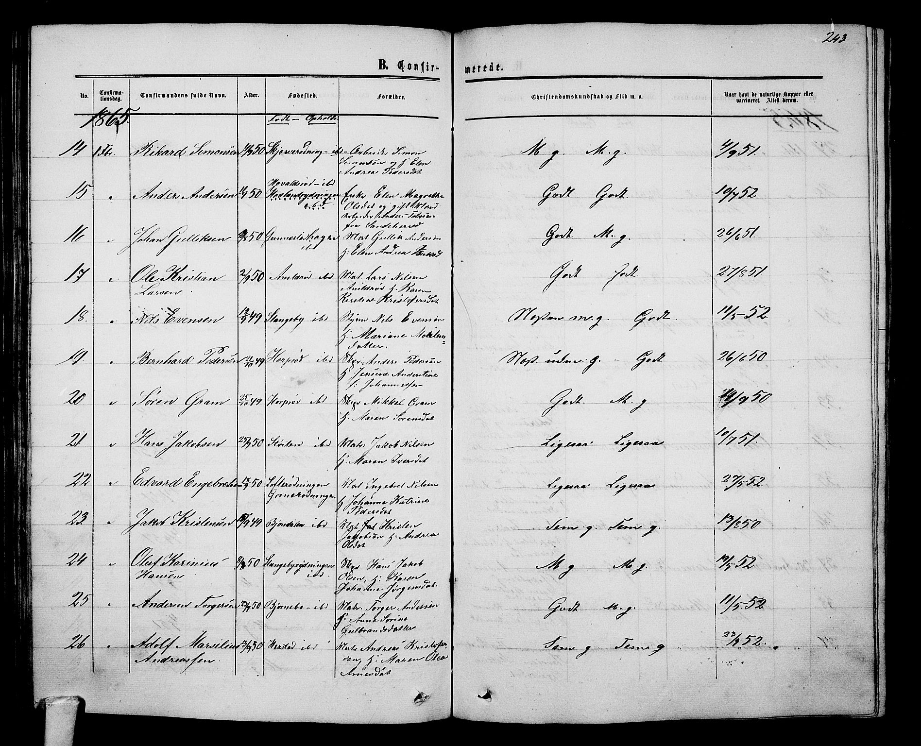 Nøtterøy kirkebøker, SAKO/A-354/G/Ga/L0002: Parish register (copy) no. I 2, 1860-1877, p. 243