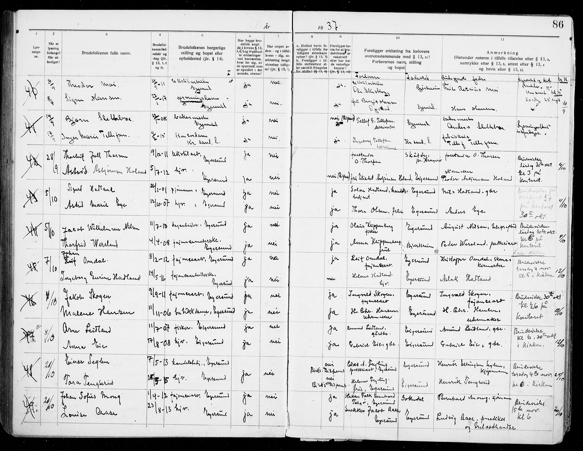 Eigersund sokneprestkontor, AV/SAST-A-101807/S27/L0003: Banns register no. 3, 1919-1939, p. 86