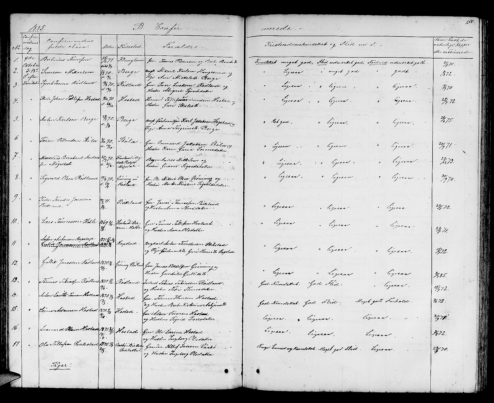 Helleland sokneprestkontor, AV/SAST-A-101810: Parish register (copy) no. B 2, 1848-1886, p. 150