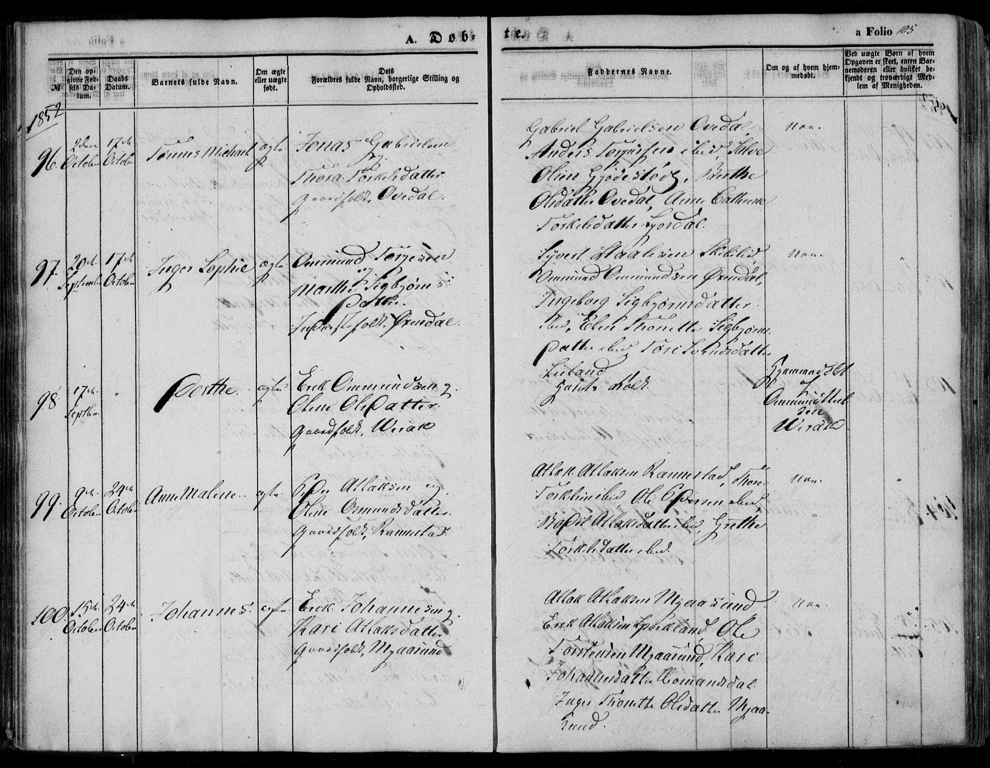 Bakke sokneprestkontor, AV/SAK-1111-0002/F/Fa/Faa/L0005: Parish register (official) no. A 5, 1847-1855, p. 105