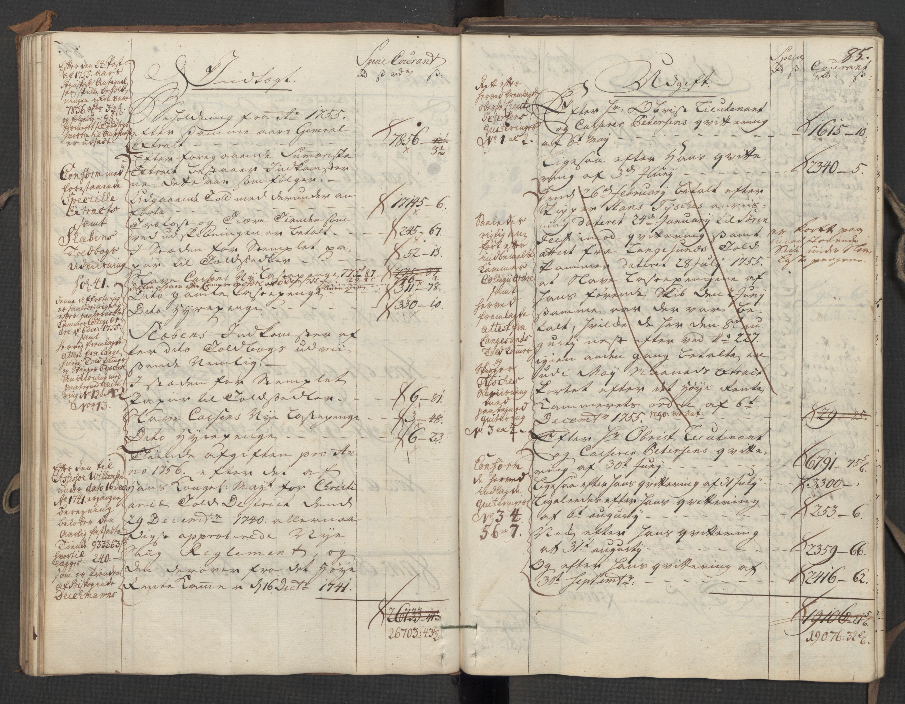 Generaltollkammeret, tollregnskaper, AV/RA-EA-5490/R06/L0039/0001: Tollregnskaper Kristiania / Utgående hovedtollbok, 1756, p. 84b-85a